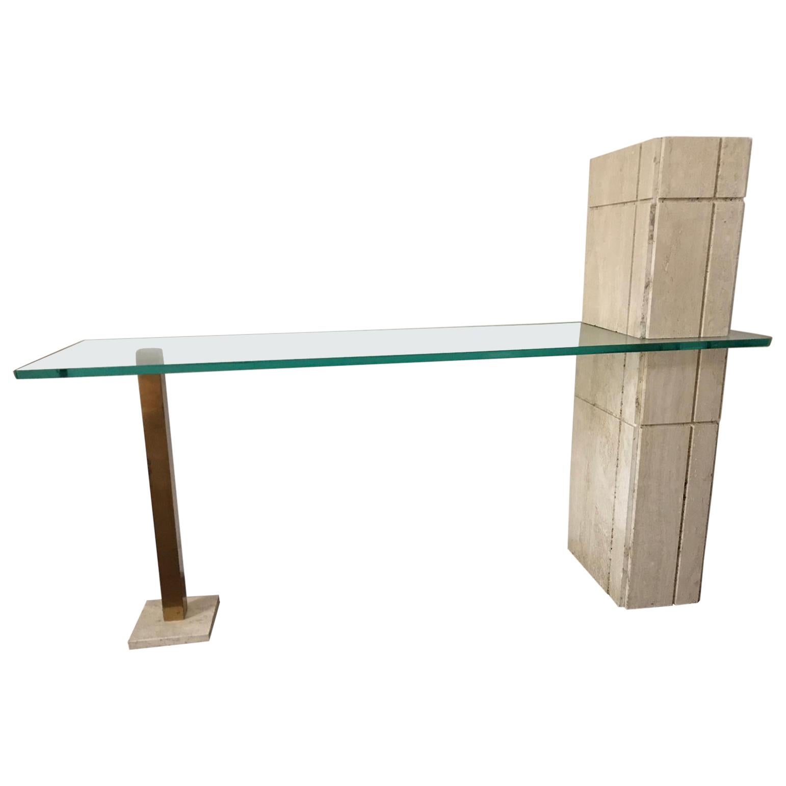 Sculptural Travertine and Brass Console Table