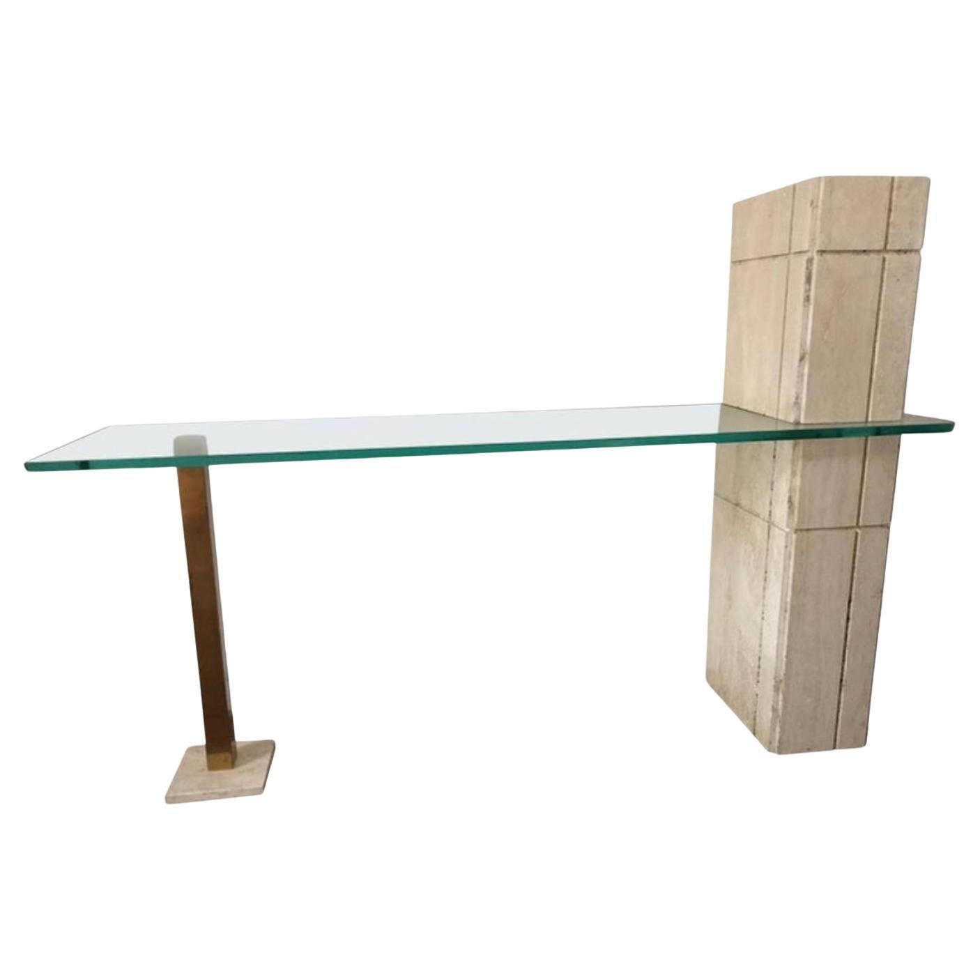Sculptural Travertine and Brass Console Table