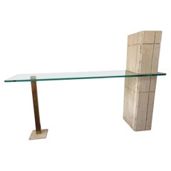 Vintage Sculptural Travertine and Brass Console Table