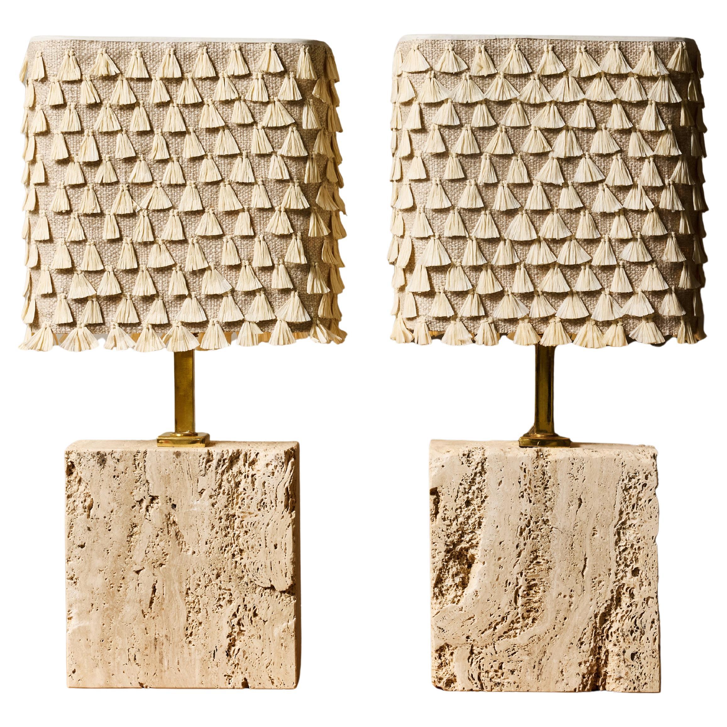 Sculptural Travertine and Brass Table Lamp with Textured Tassel Shades For Sale