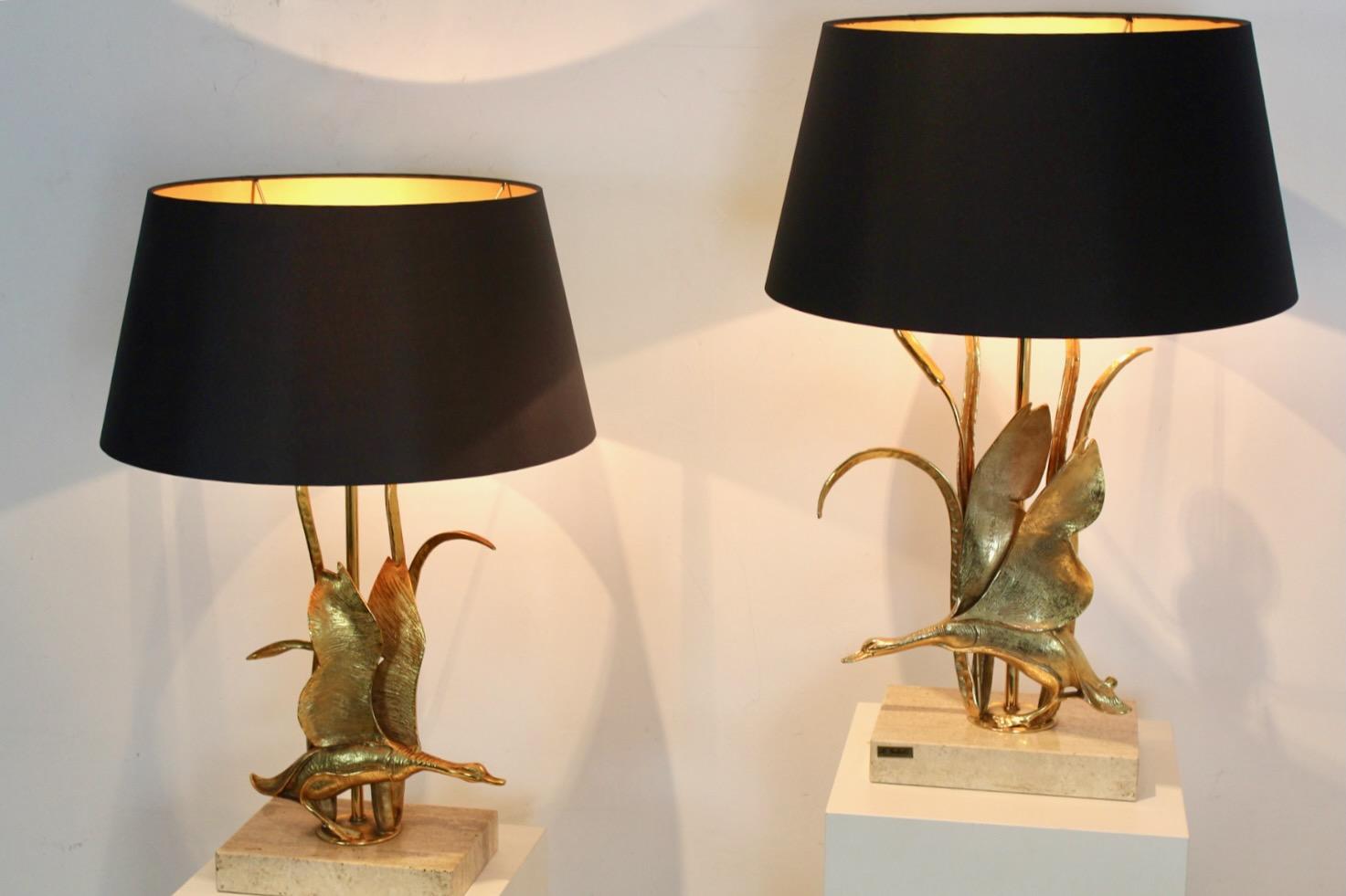 Steel Sculptural Travertine and Gilt Metal Wild Duck Table Lamps by Lanciotto Galeotti For Sale