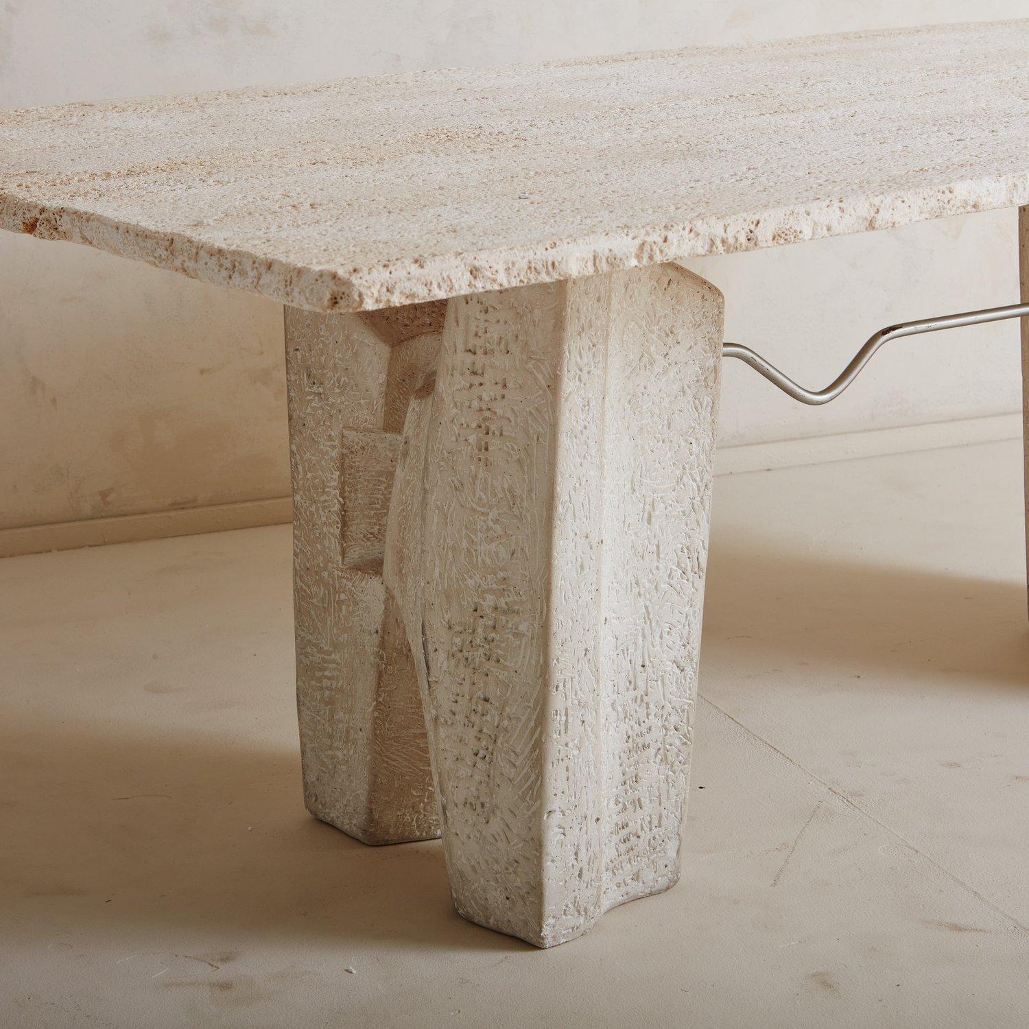 Italian Sculptural Travertine Dining Table with Chrome Detail, Italy 1970s