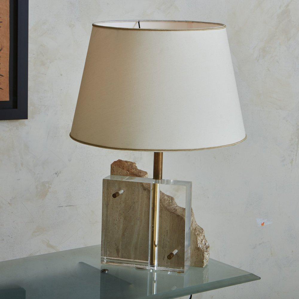 Mid-Century Modern Sculptural Travertine + Lucite Table Lamp, France 20th Century For Sale