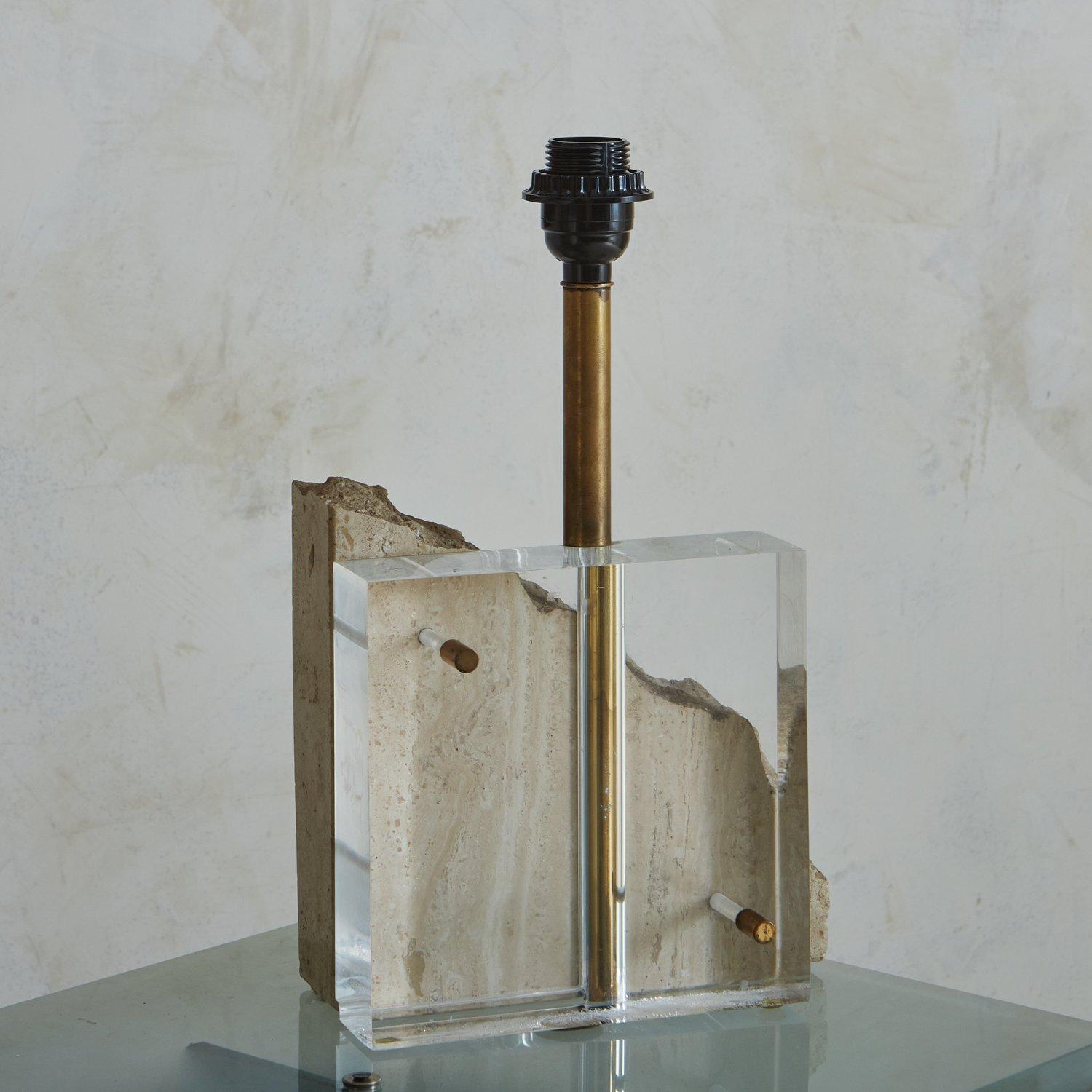 French Sculptural Travertine + Lucite Table Lamp, France 20th Century For Sale