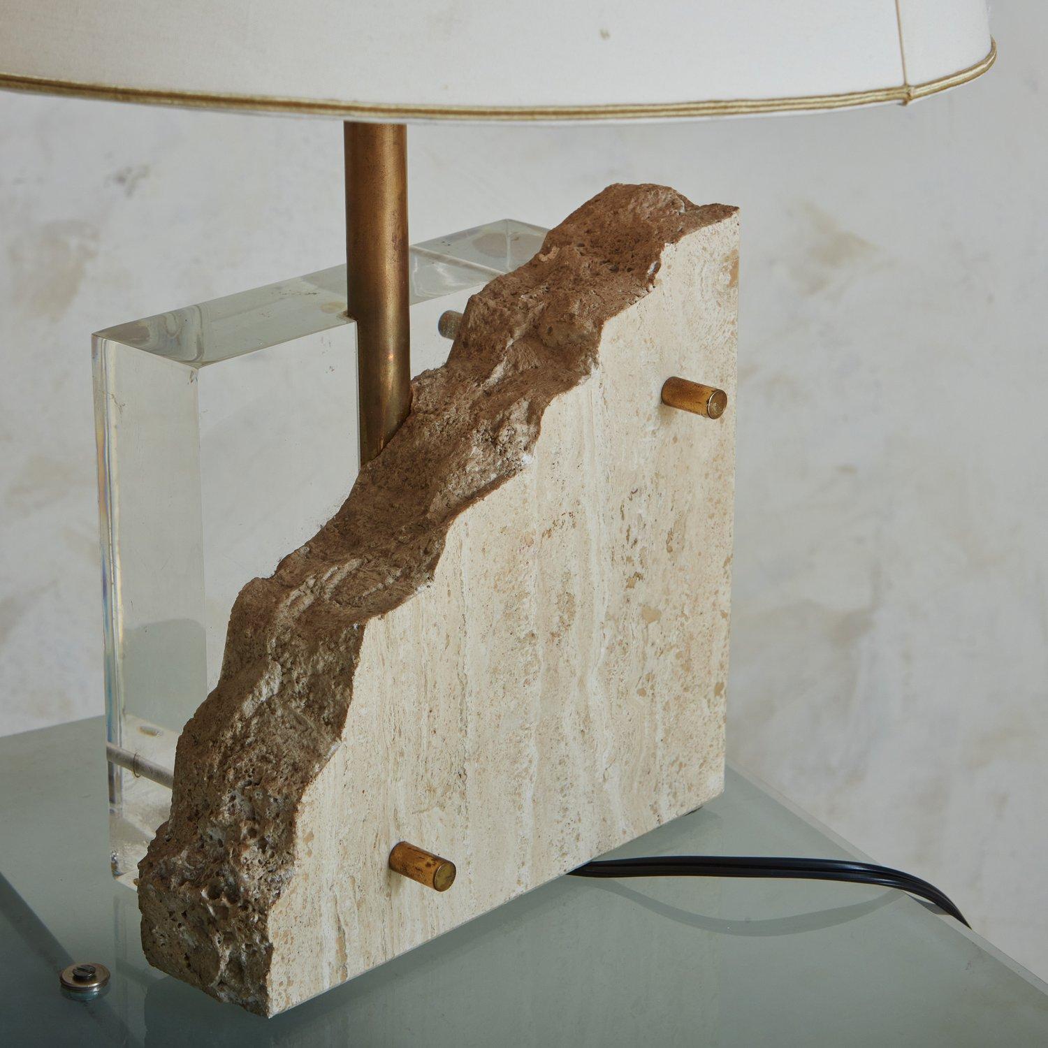 Sculptural Travertine + Lucite Table Lamp, France 20th Century For Sale 3