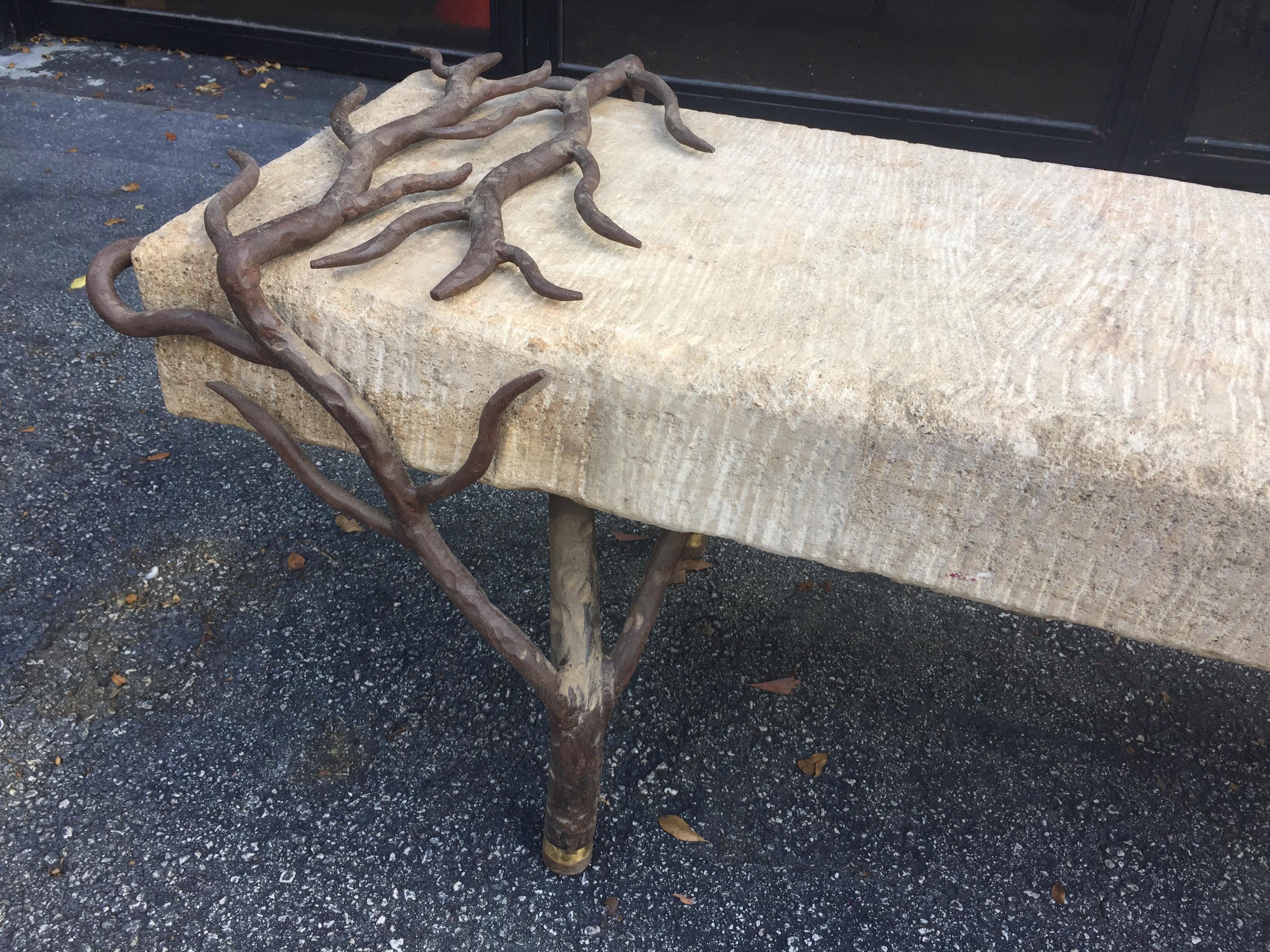 An Important uniquely forged iron in thorn like branches design; Solid carved stone garden bench, very important piece - this bench can be disassembled for easier placement or moved - it is a very heavy bench.