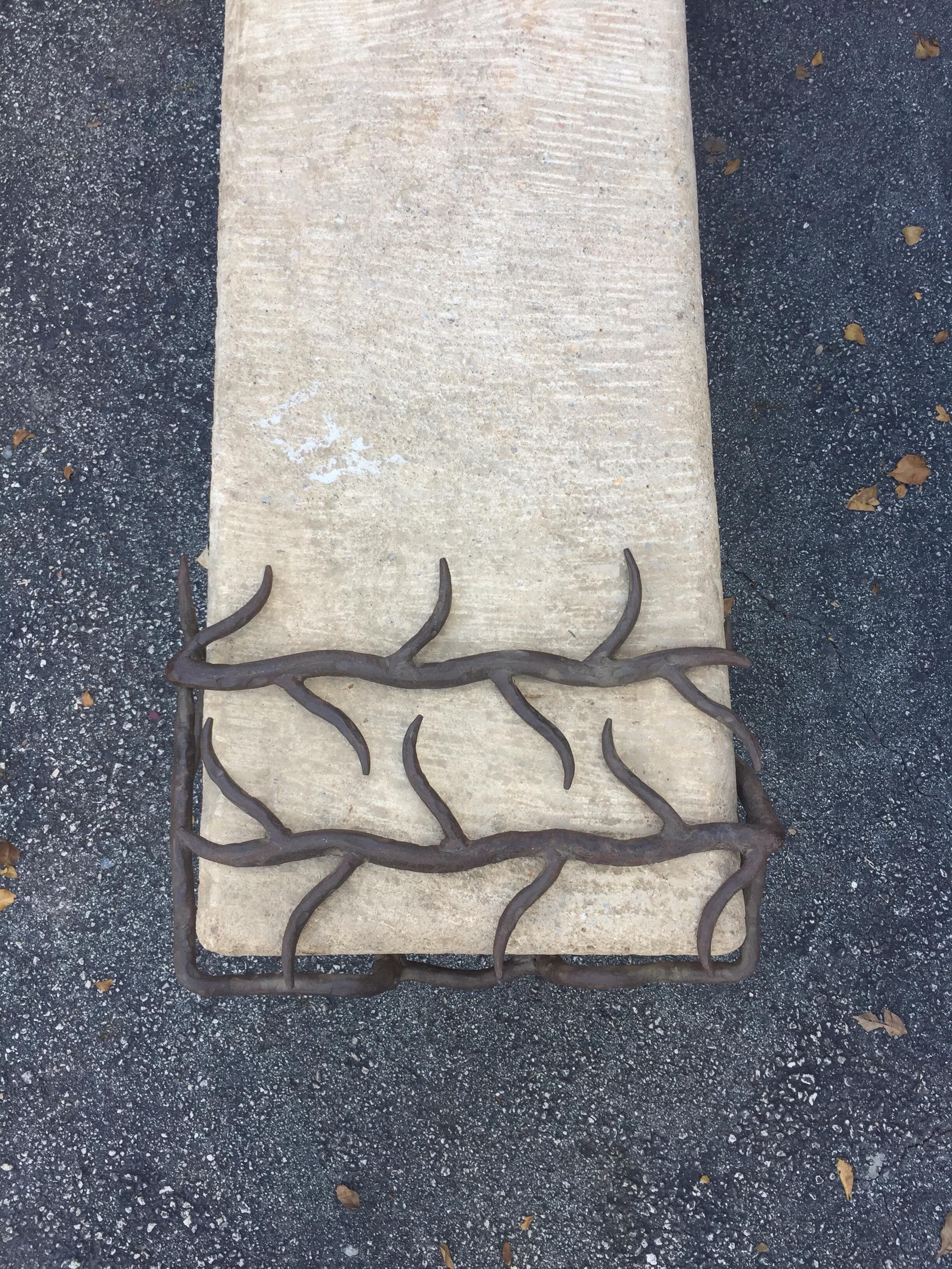 Forged Sculptural Tree Branch Iron and Carved Stone Bench