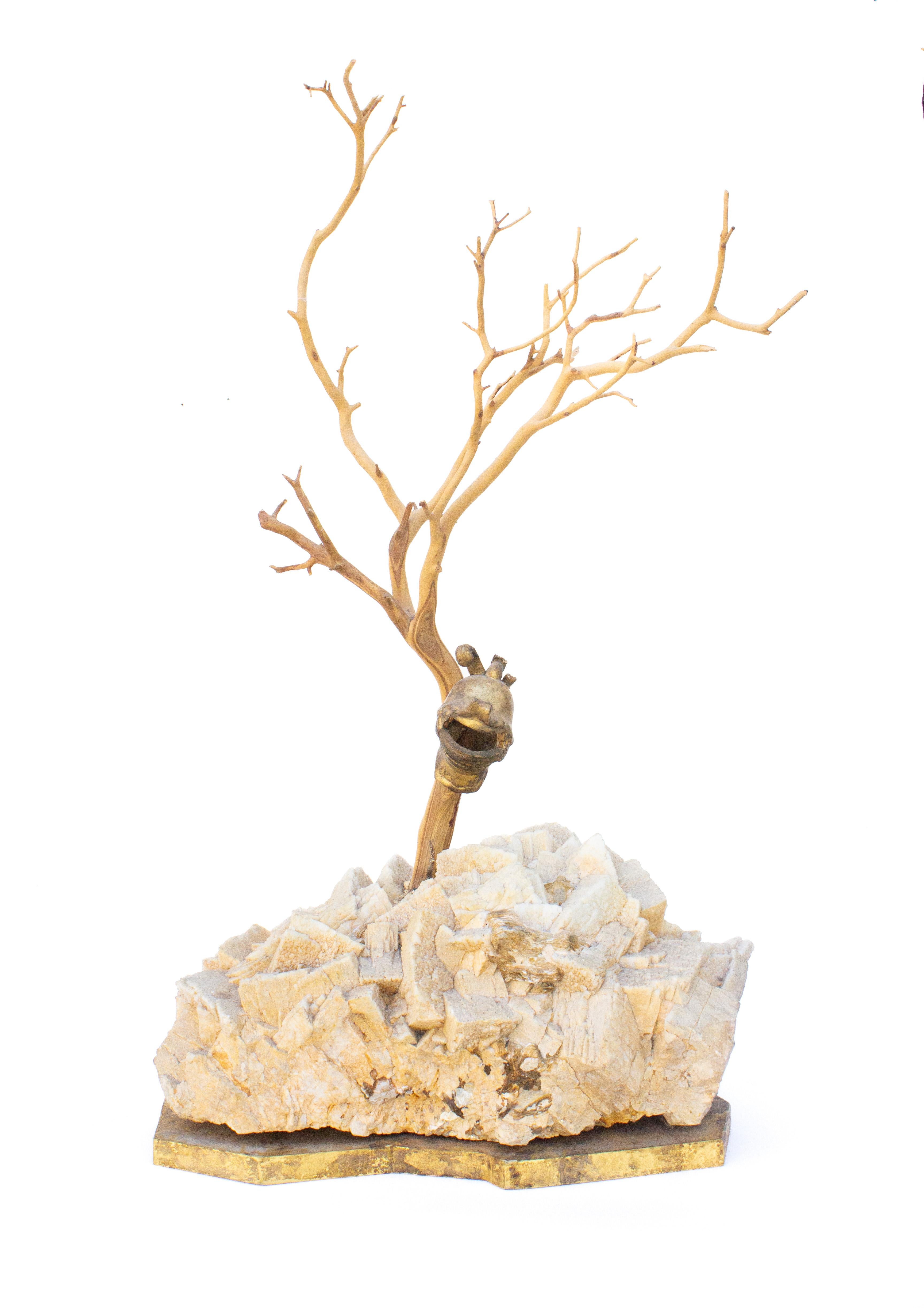 Sculptural tree with an 18th century Italian gold leaf miniature helmet and mounted on a calcite and mica mineral. The helmet is hung on a type of desert wood and is mounted on a calcite and mica mineral which sits on a gold leaf wood base. The wood