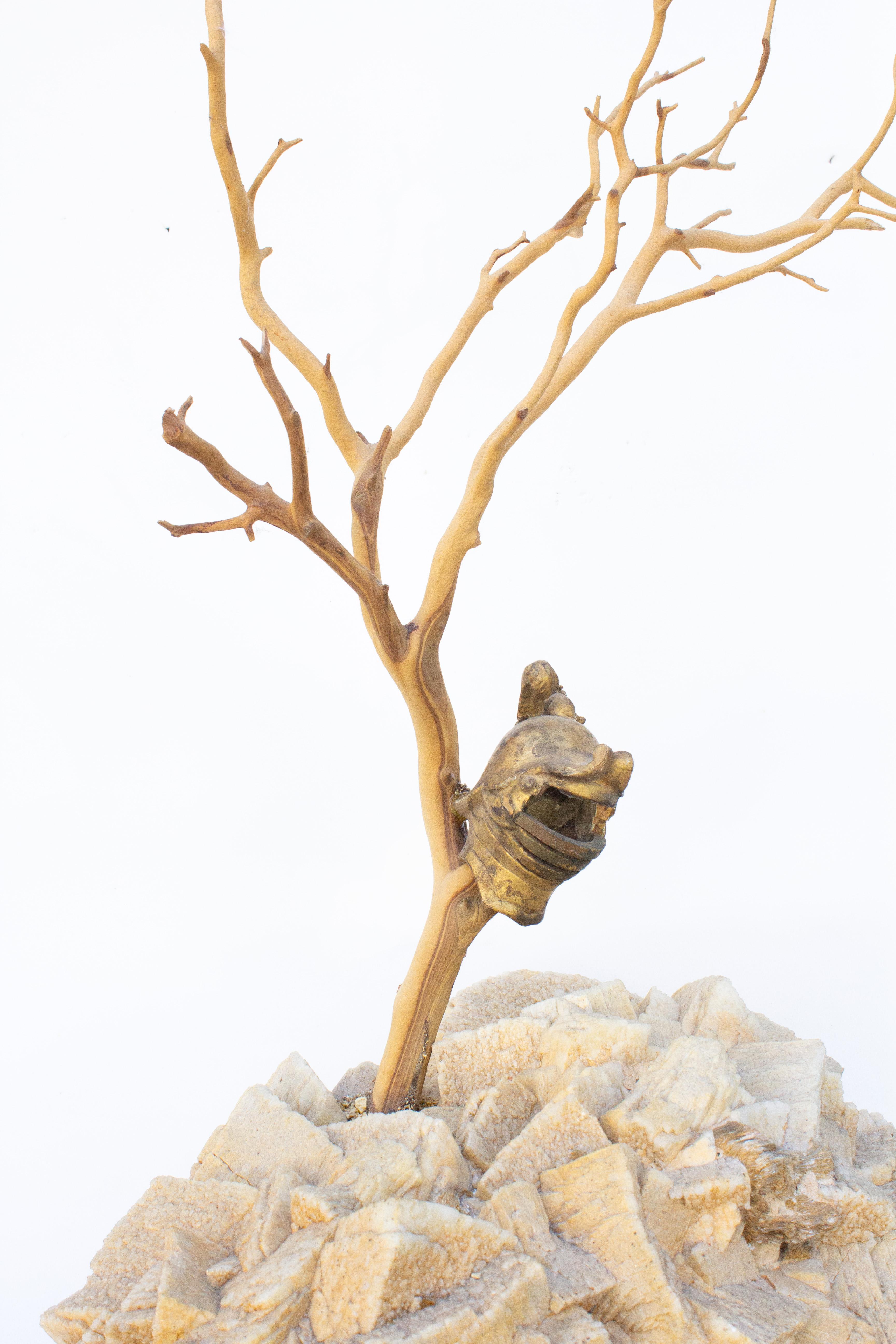 Organic Modern Sculptural Tree with an 18th Century Italian Miniature Helmet Mounted on Calcite For Sale