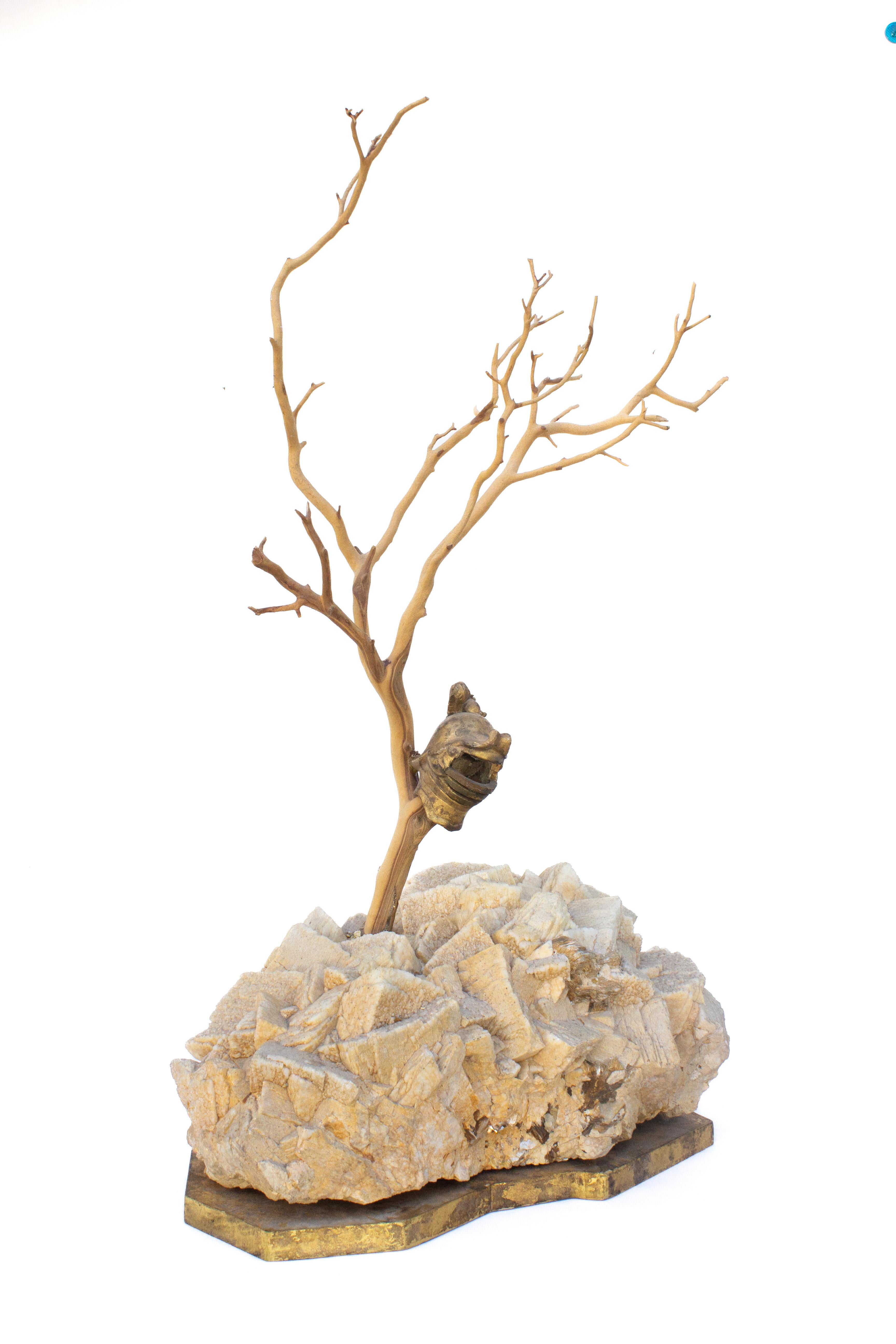 Hand-Carved Sculptural Tree with an 18th Century Italian Miniature Helmet Mounted on Calcite For Sale