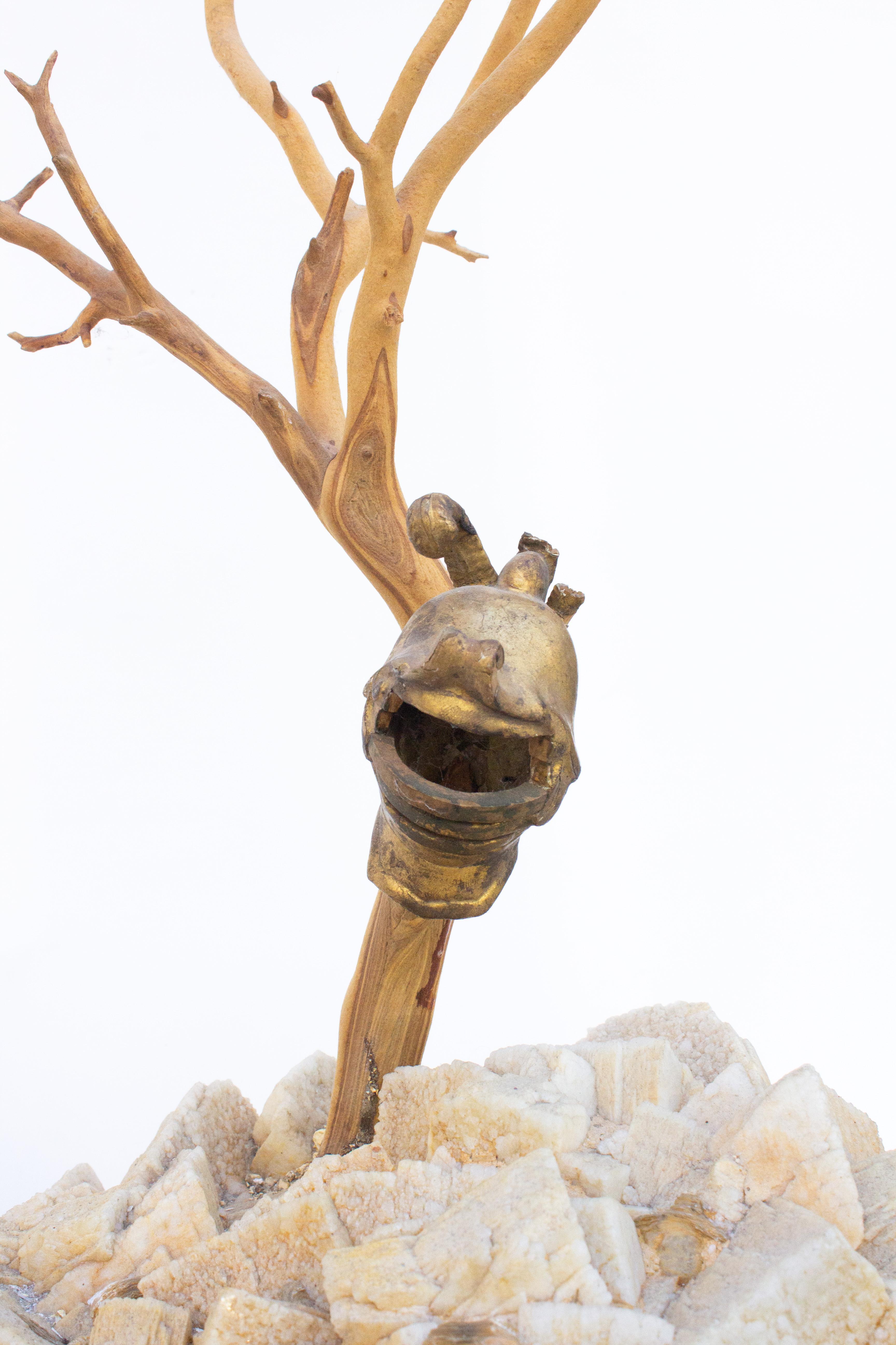 Sculptural Tree with an 18th Century Italian Miniature Helmet Mounted on Calcite In Good Condition For Sale In Dublin, Dalkey