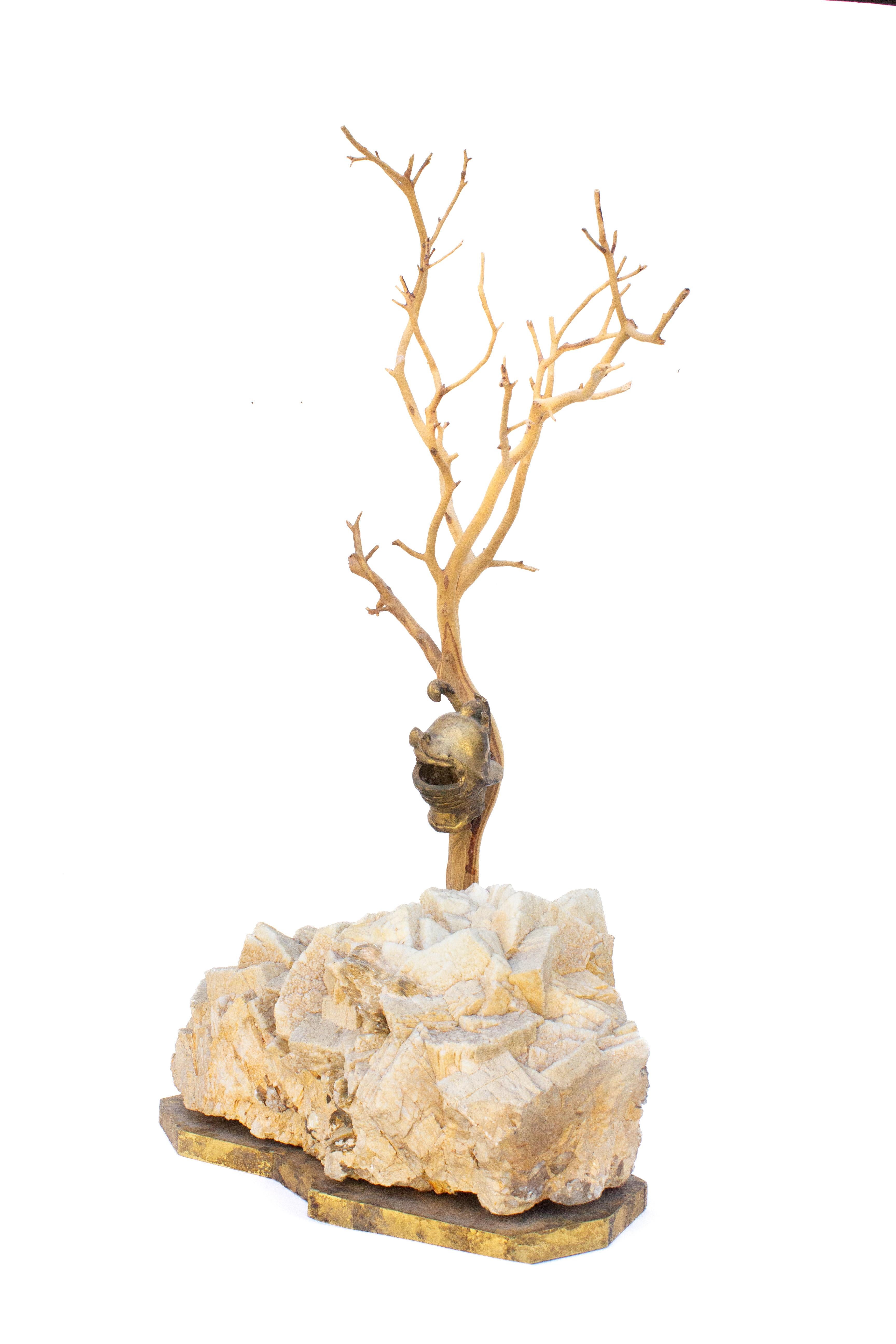 18th Century and Earlier Sculptural Tree with an 18th Century Italian Miniature Helmet Mounted on Calcite For Sale