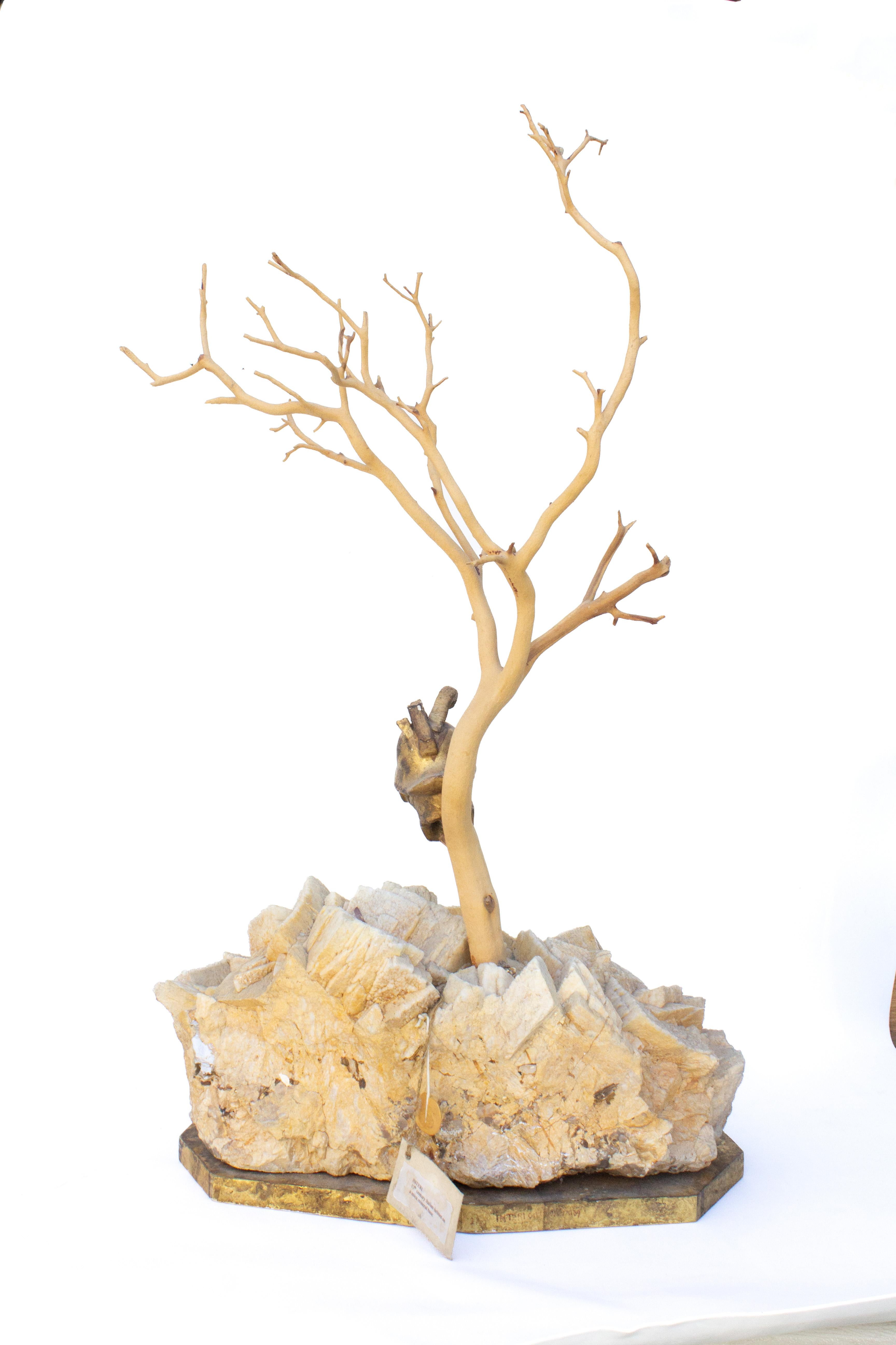 Quartz Sculptural Tree with an 18th Century Italian Miniature Helmet Mounted on Calcite For Sale