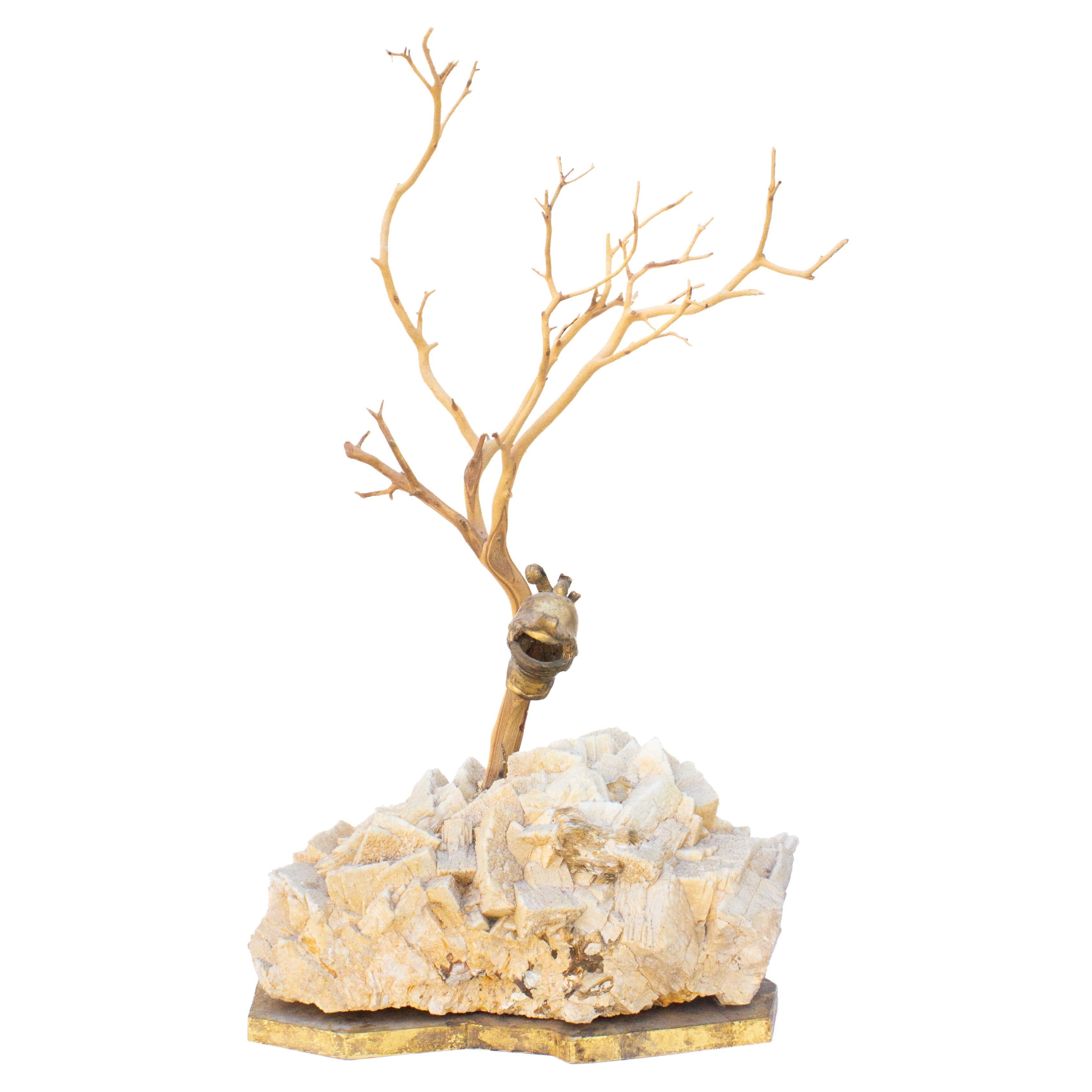 Sculptural Tree with an 18th Century Italian Miniature Helmet Mounted on Calcite For Sale