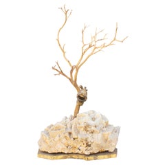 Sculptural Tree with an 18th Century Italian Miniature Helmet Mounted on Calcite