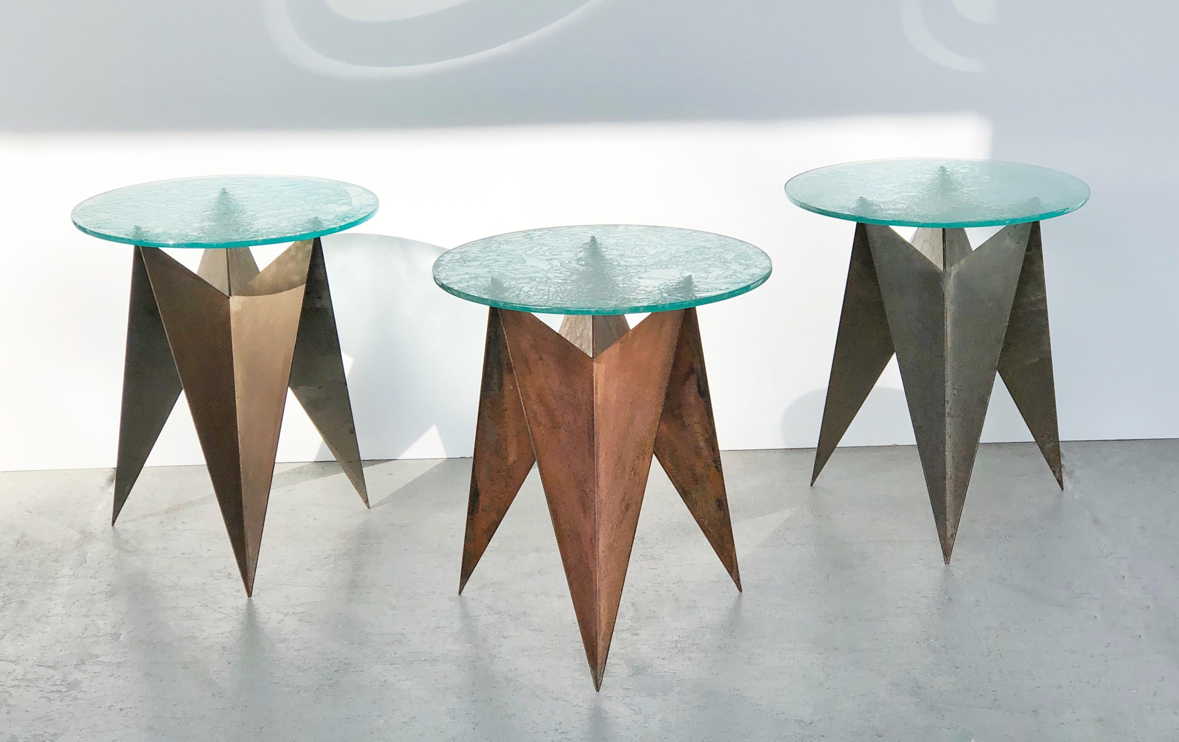 American Sculptural Trio of Geometric Metal Tables with Glass Tops, 1980s