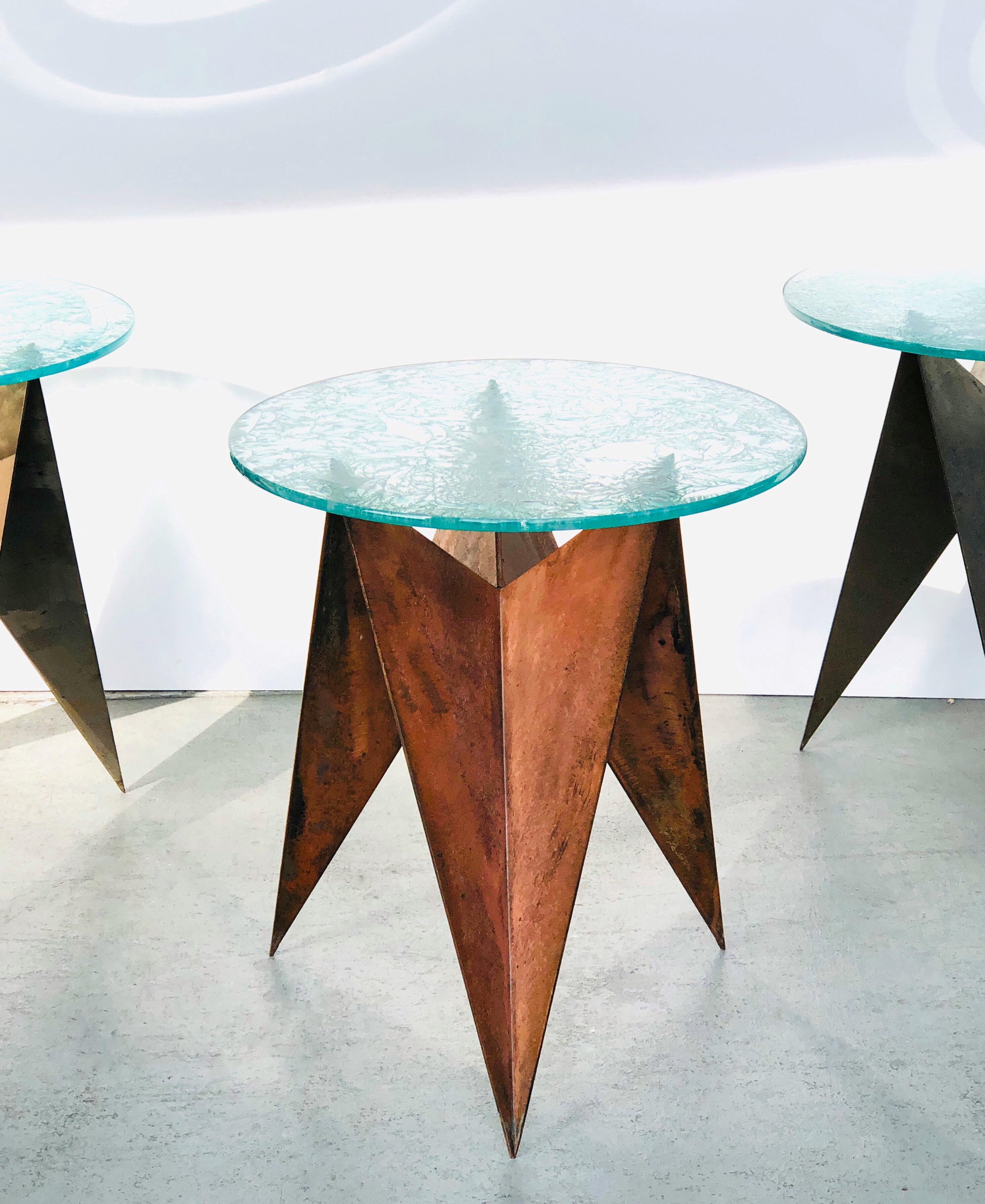 Sculptural Trio of Geometric Metal Tables with Glass Tops, 1980s In Good Condition In Miami, FL