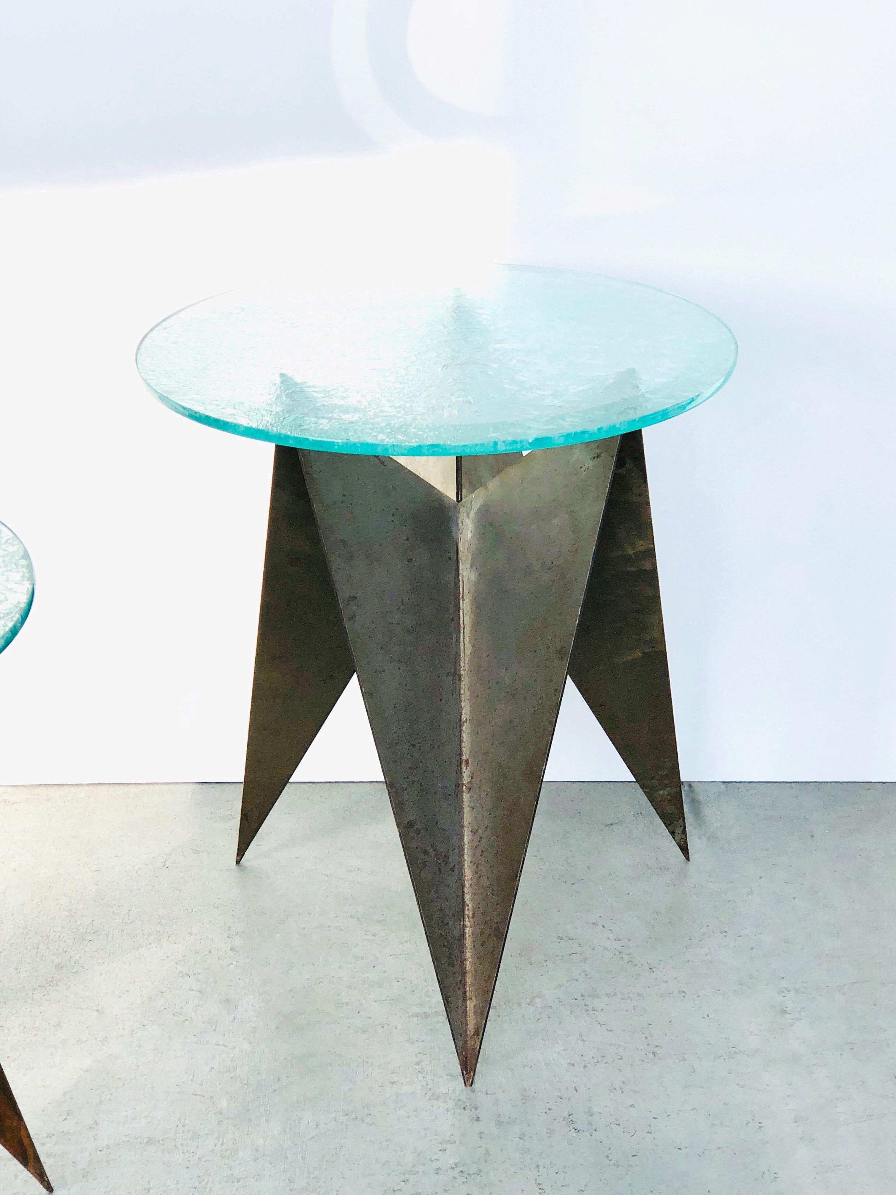Late 20th Century Sculptural Trio of Geometric Metal Tables with Glass Tops, 1980s