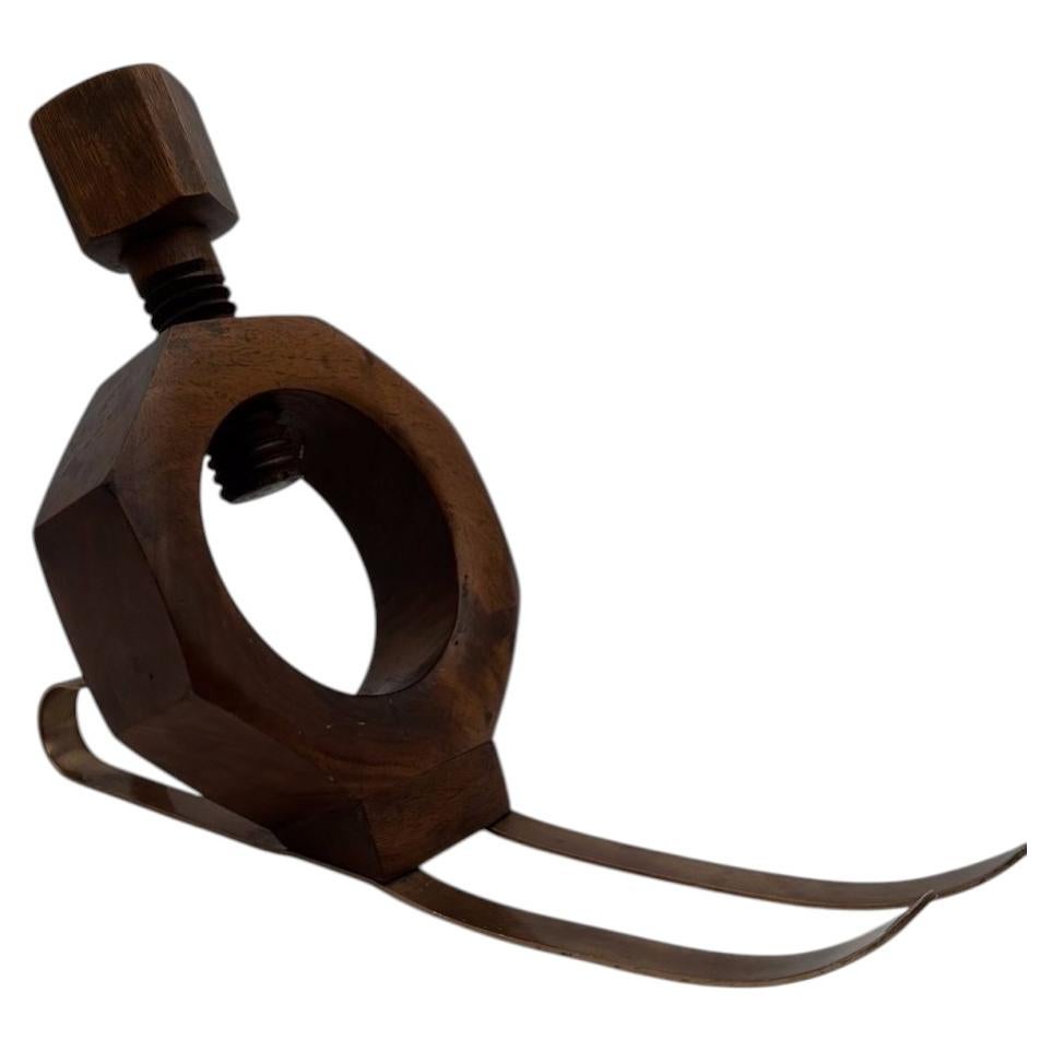 Sculptural Trompe-l'Oeil Solid Wood 'Nut on Skis' Bottle Holder, 1970s For Sale