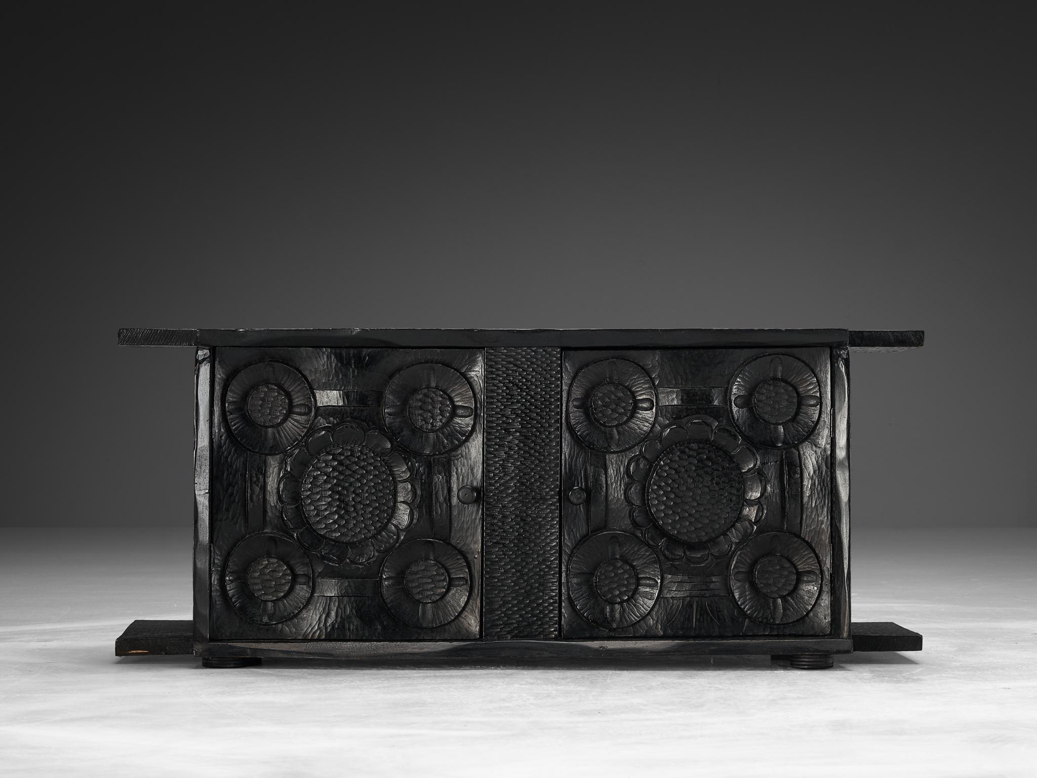 French Sculptural Trunk in Black Lacquered Wood with Decorative Carvings  For Sale