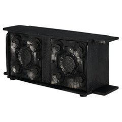 Sculptural Trunk in Black Lacquered Wood with Decorative Carvings 