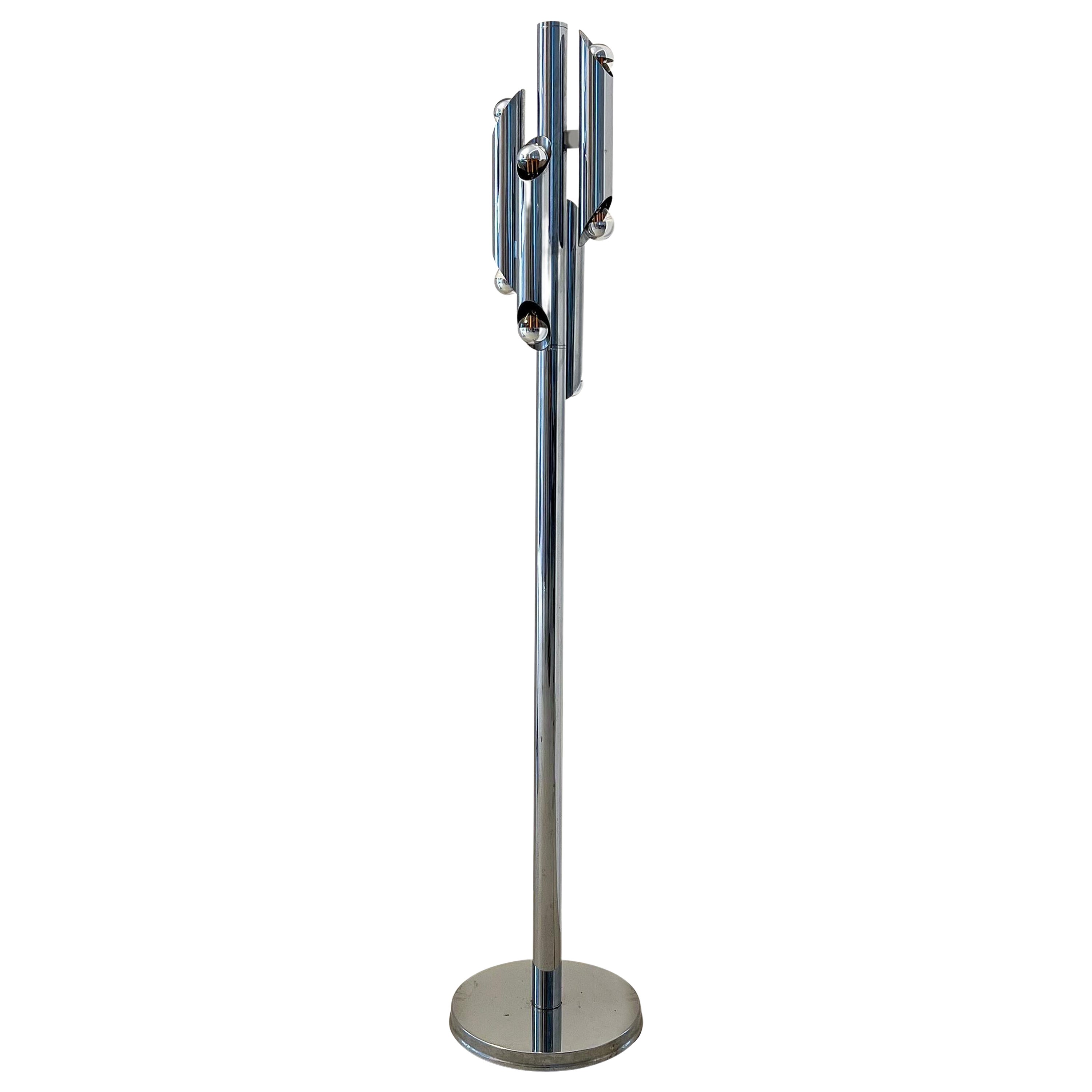Lampada da terra tubolare scultorea in metallo cromato, stile Space AGE, Reggiani