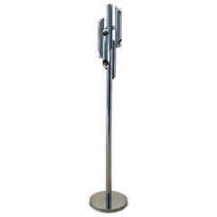 Lampada da terra tubolare scultorea in metallo cromato, stile Space AGE, Reggiani