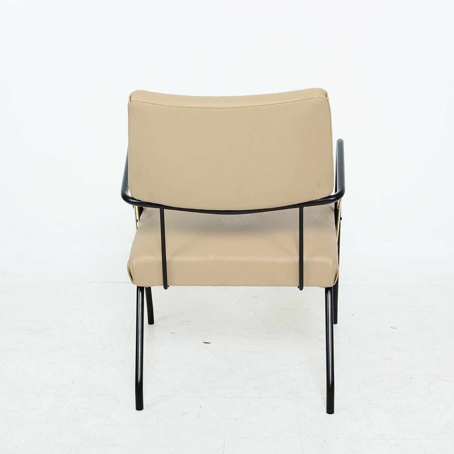 Mid-Century Modern 1960s Vinyl Lounge Armchair Tubular Black Iron Paul McCobb Modern 