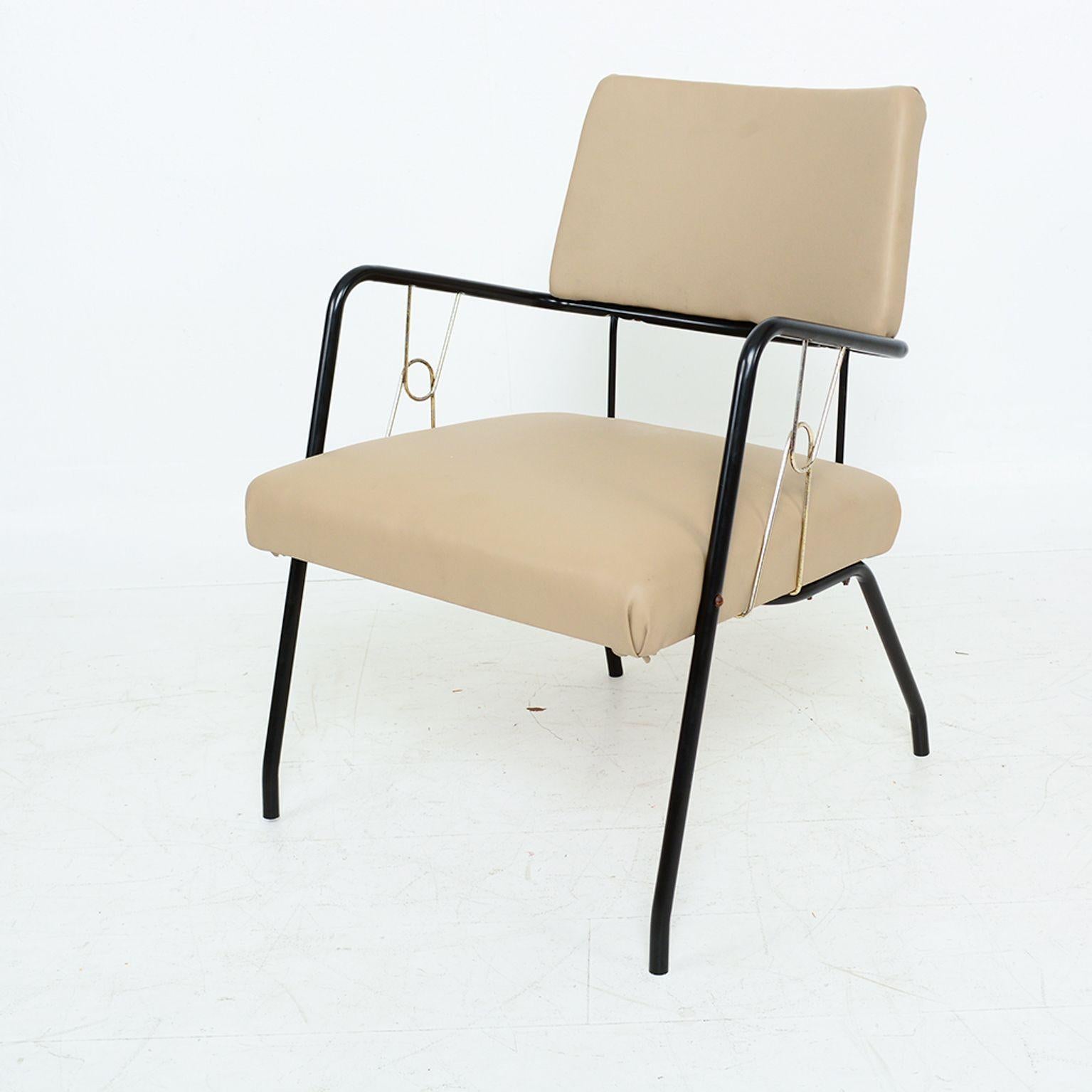 Mid-20th Century 1960s Vinyl Lounge Armchair Tubular Black Iron Paul McCobb Modern 