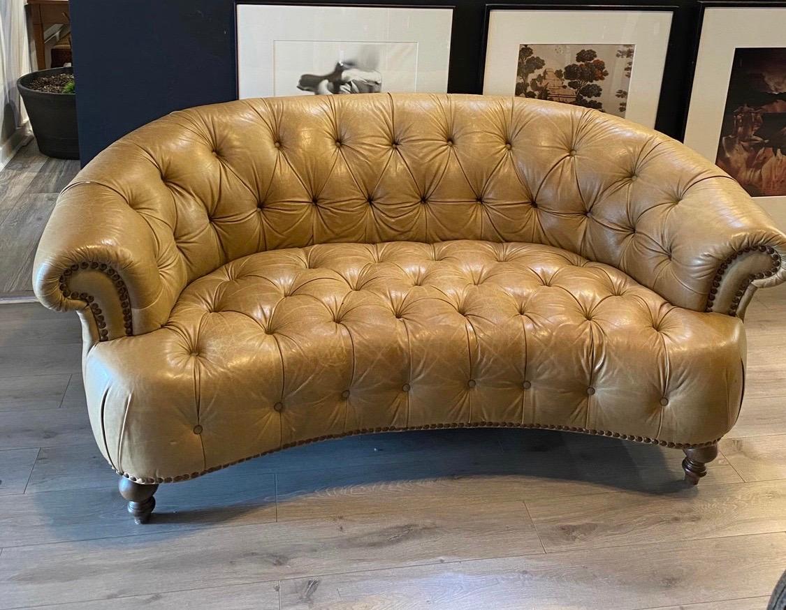Sculptural Tufted Chesterfield Leather Curved Nailhead Sofa Made in Italy 2