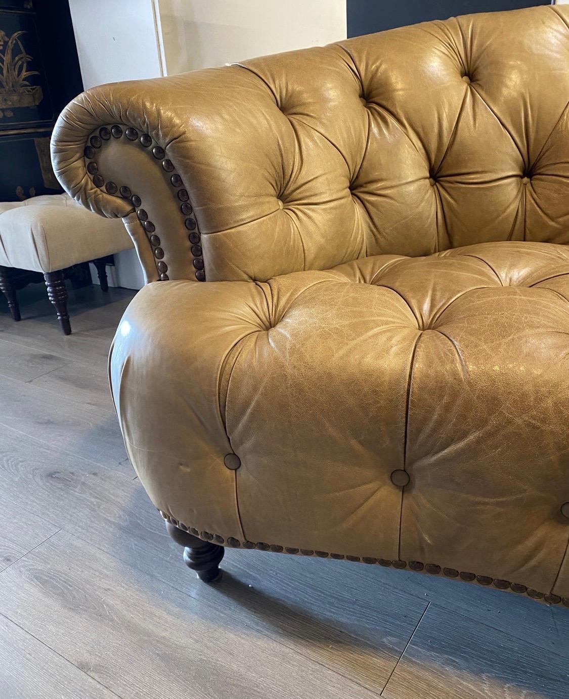 Italian Sculptural Tufted Chesterfield Leather Curved Nailhead Sofa Made in Italy