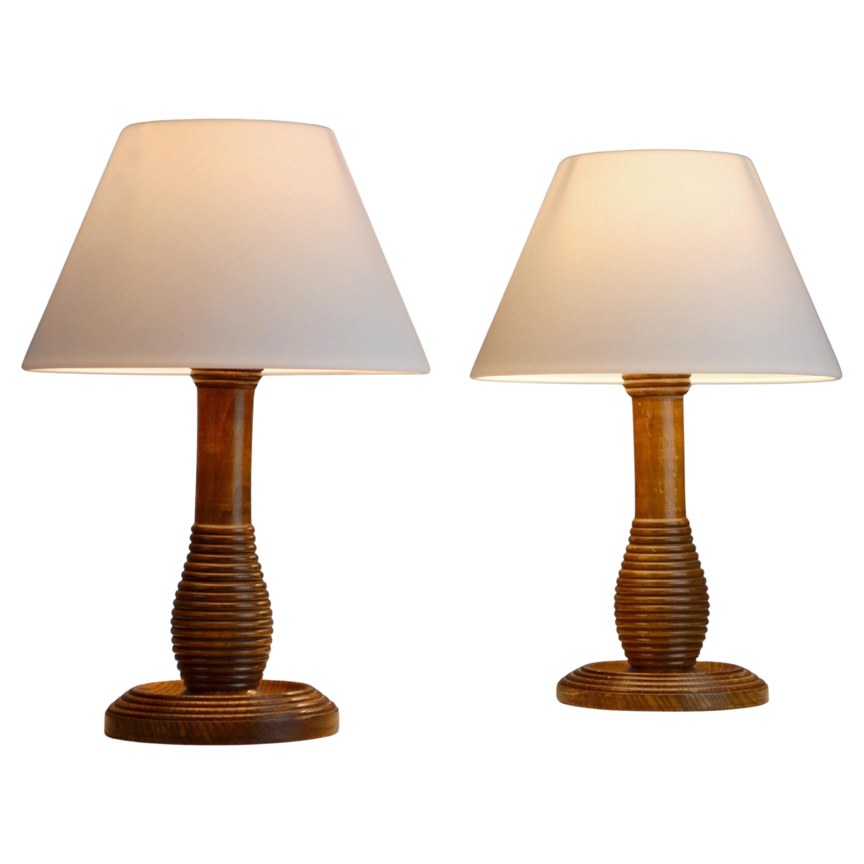 Sculptural Turned Oak Table Lamps, France, 1930