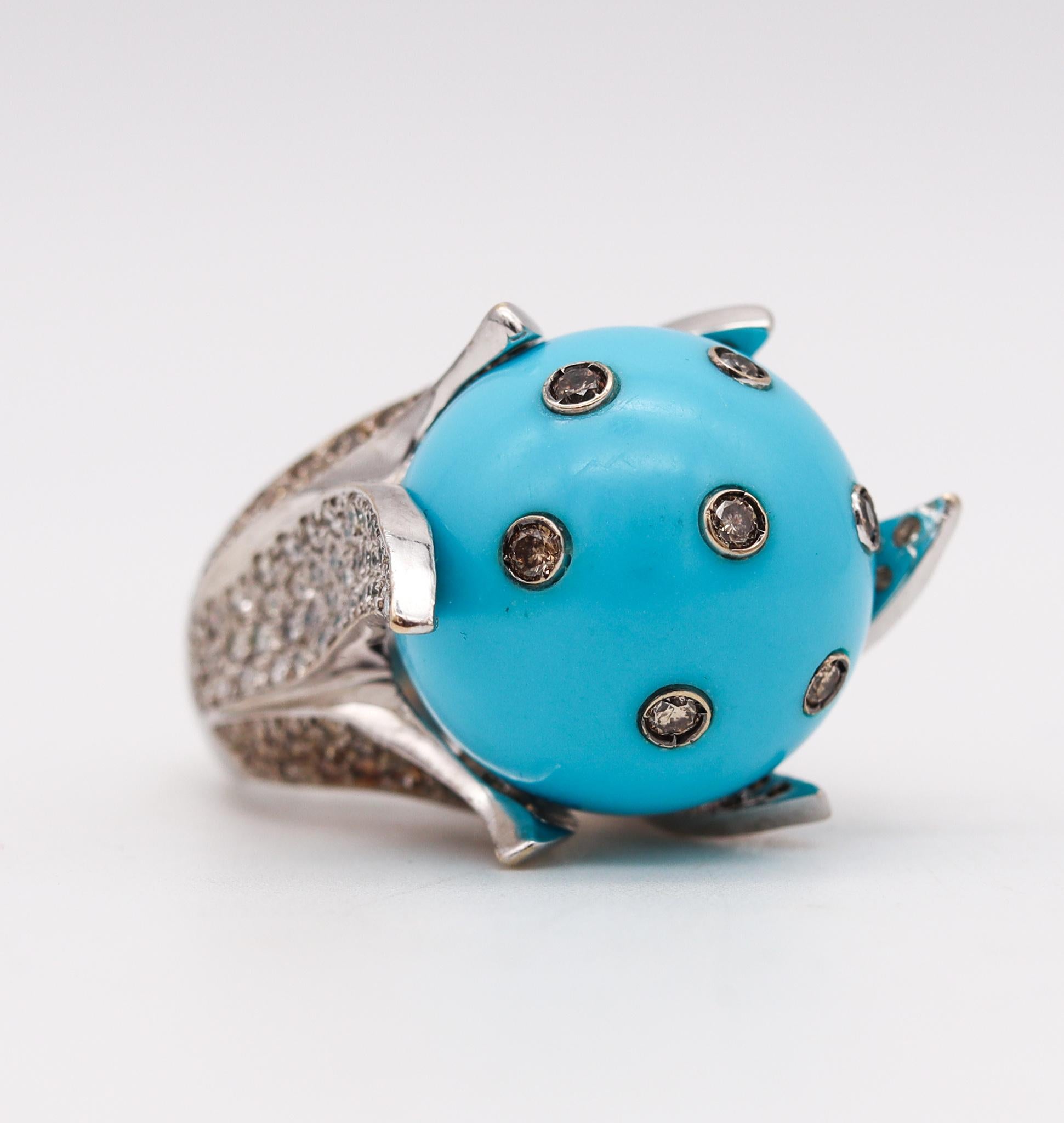 Modernist Sculptural Turquoise Cocktail Ring in 18Kt White Gold with 4.61 Cts in Diamonds