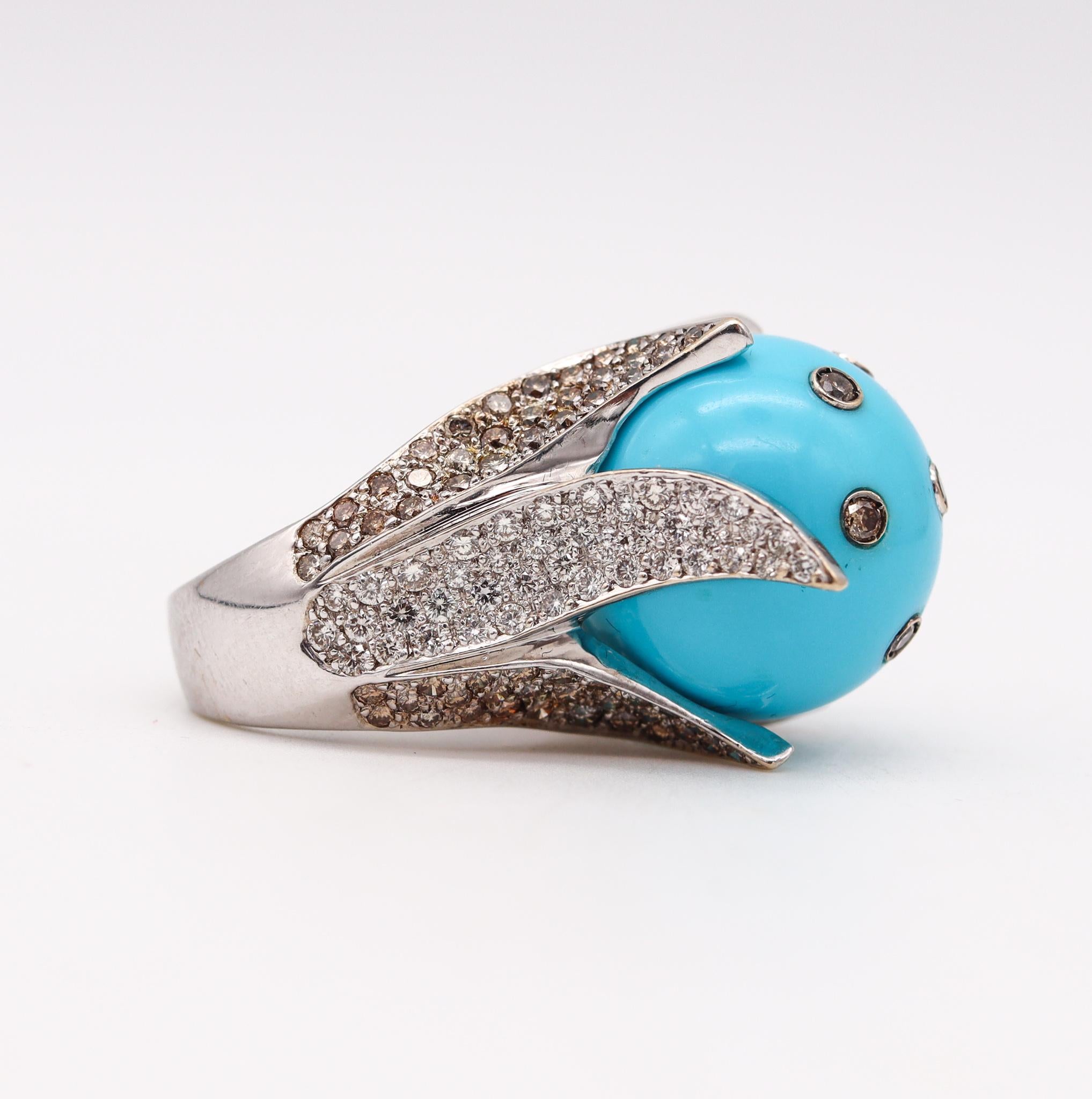 Brilliant Cut Sculptural Turquoise Cocktail Ring in 18Kt White Gold with 4.61 Cts in Diamonds For Sale