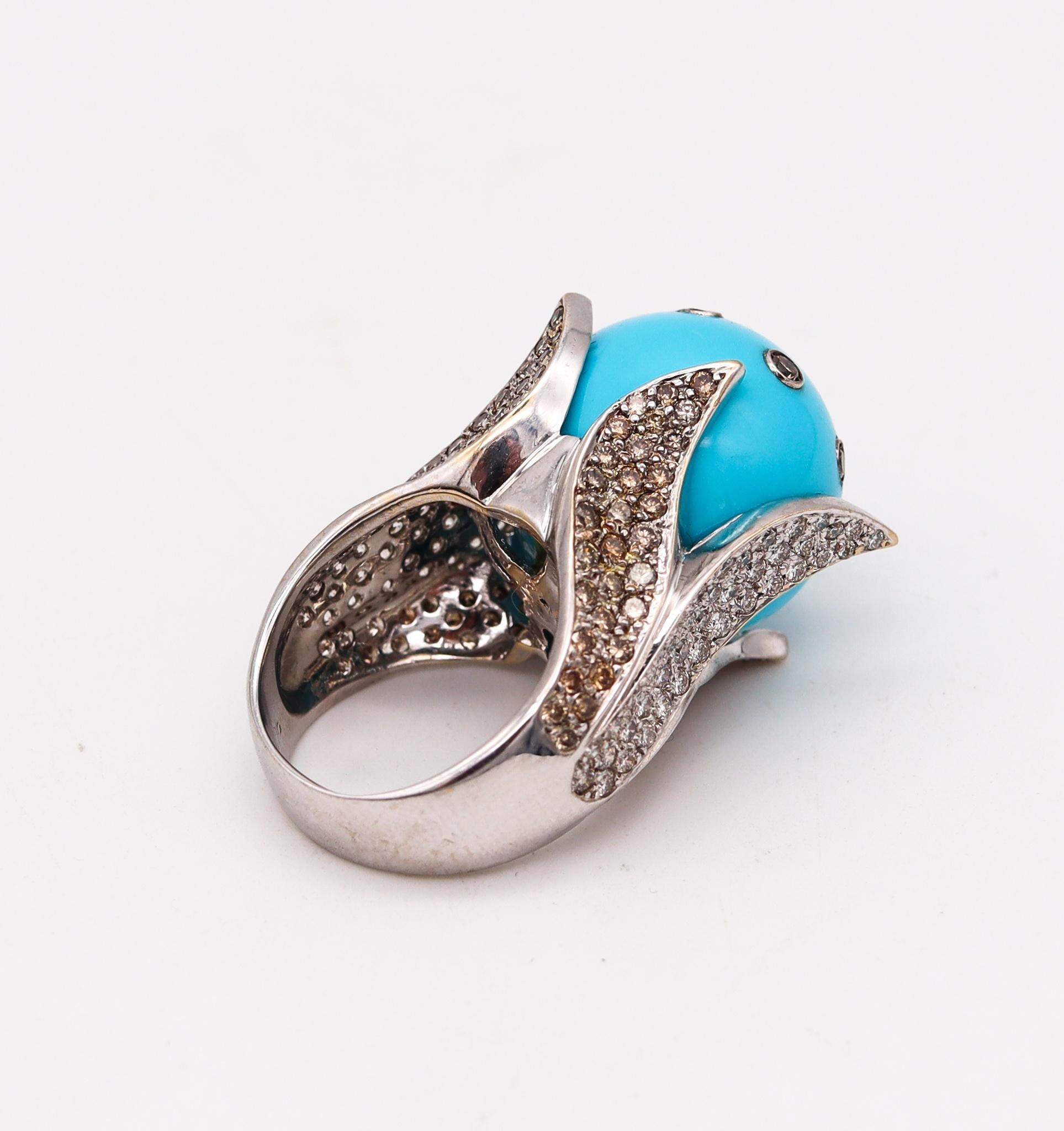 Sculptural Turquoise Cocktail Ring in 18Kt White Gold with 4.61 Cts in Diamonds In Excellent Condition For Sale In Miami, FL