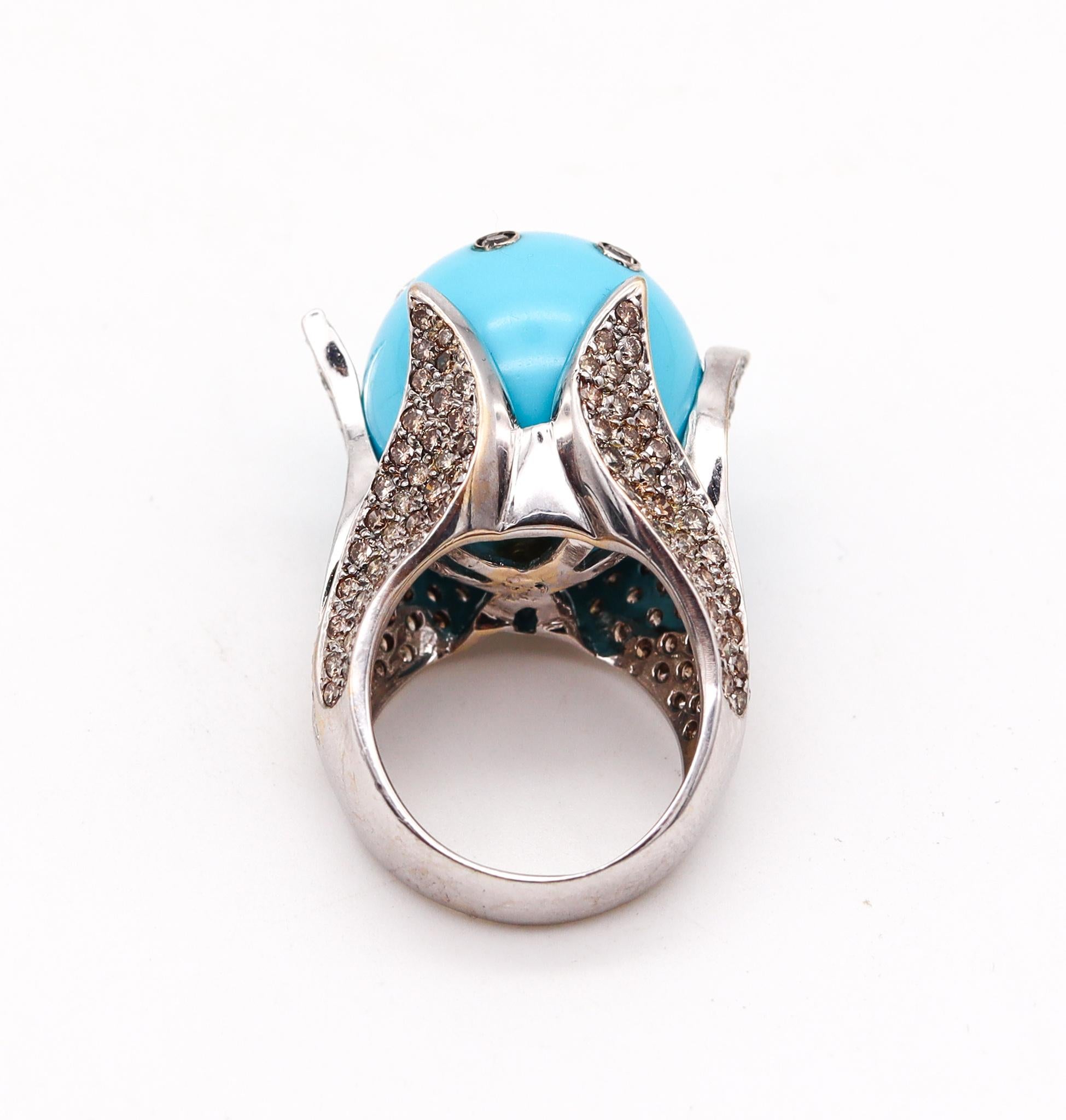 Women's Sculptural Turquoise Cocktail Ring in 18Kt White Gold with 4.61 Cts in Diamonds For Sale