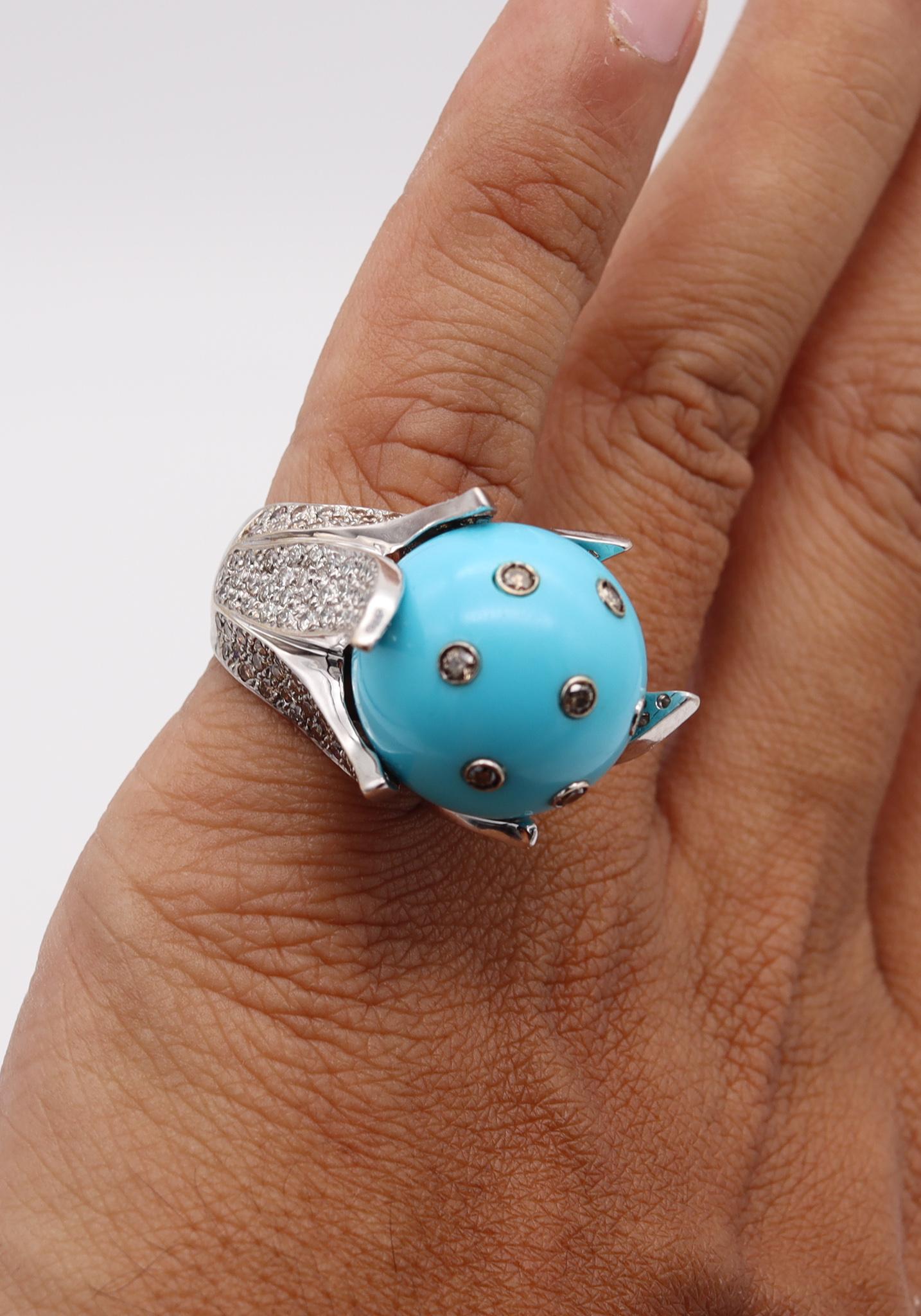 Sculptural Turquoise Cocktail Ring in 18Kt White Gold with 4.61 Cts in Diamonds For Sale 1