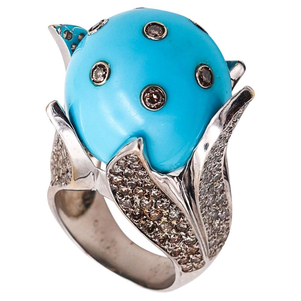 Sculptural Turquoise Cocktail Ring in 18Kt White Gold with 4.61 Cts in Diamonds For Sale