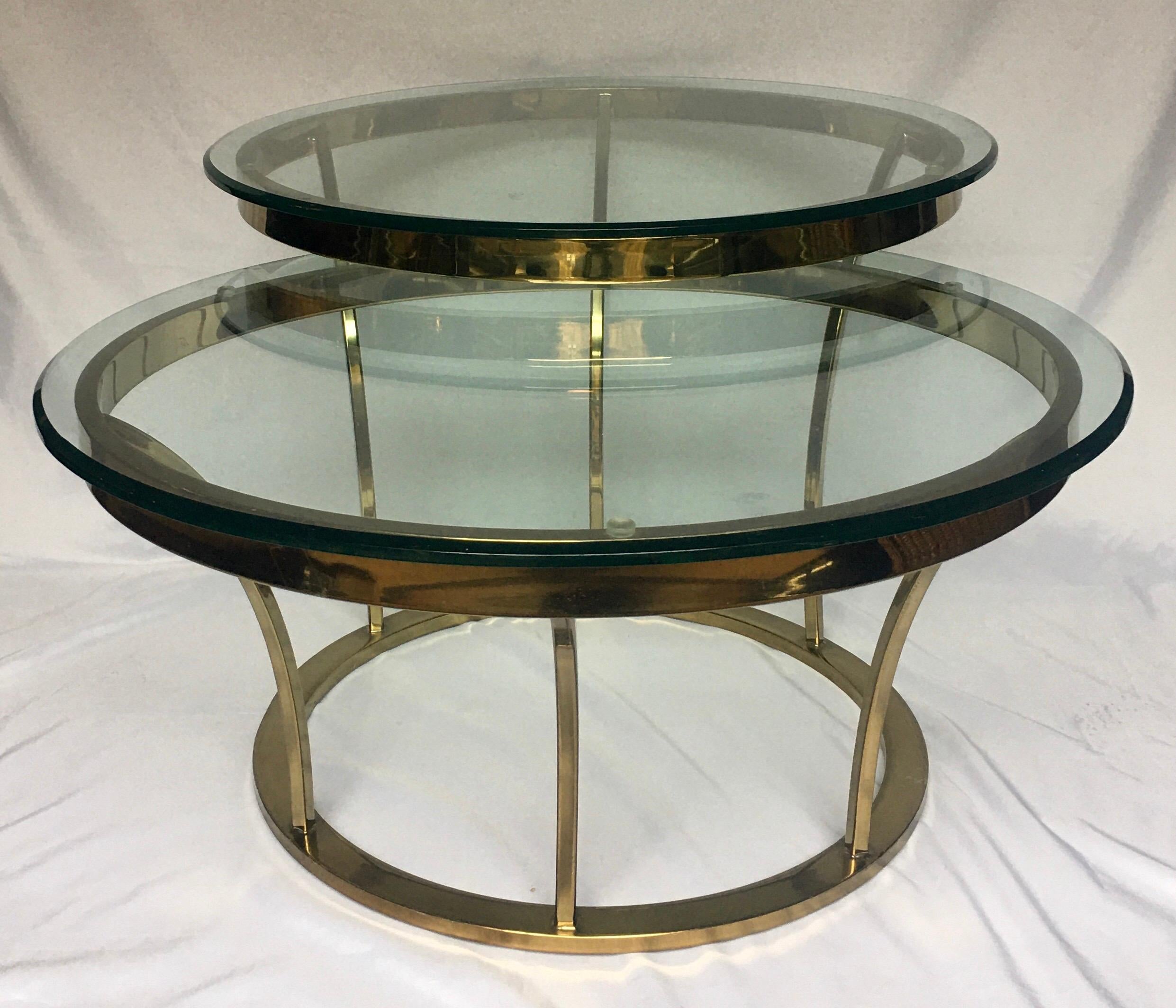 Mid-Century Modern Sculptural Two-Tier Asymmetrical Brass and Glass Round Cocktail Coffee Table