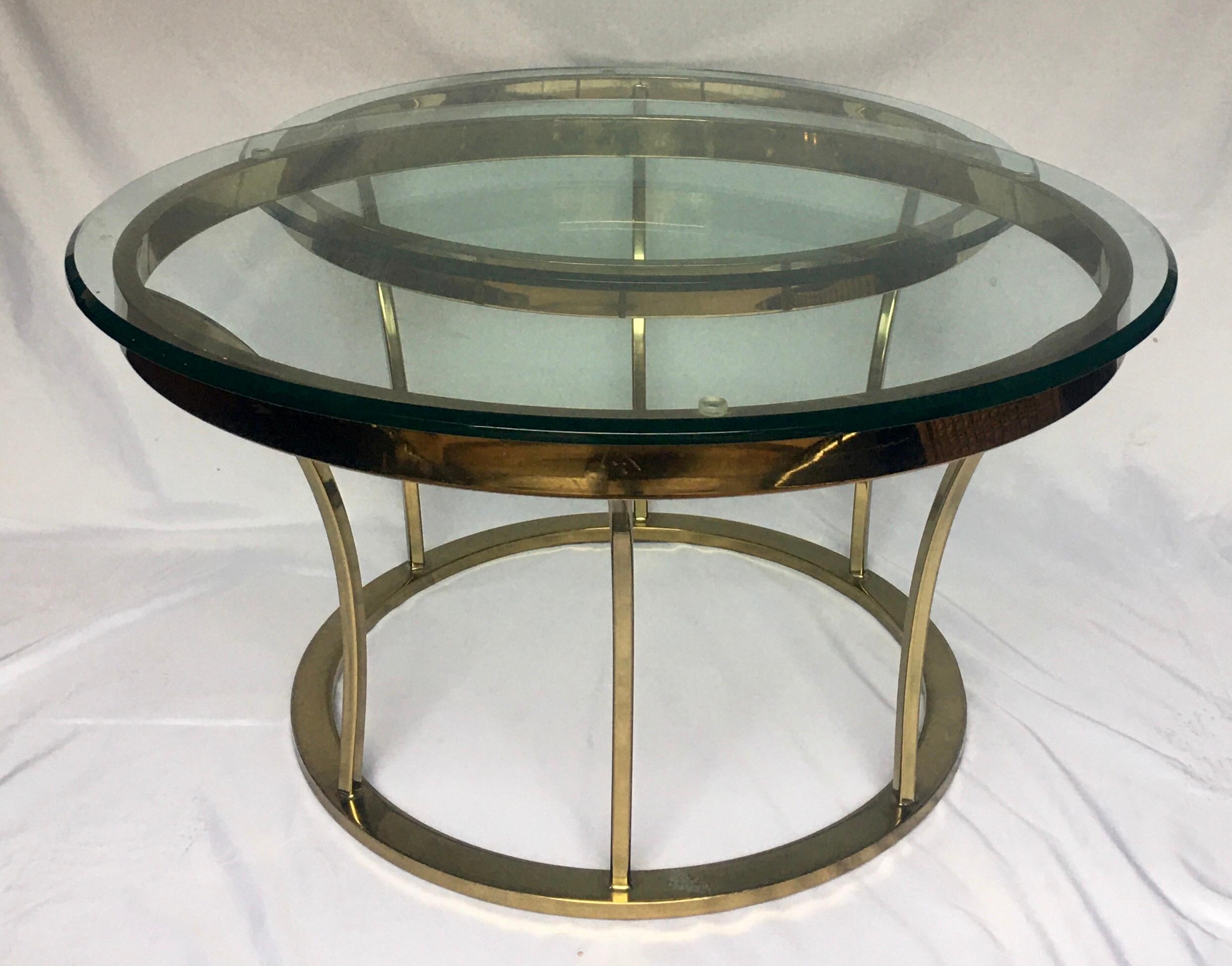 Plated Sculptural Two-Tier Asymmetrical Brass and Glass Round Cocktail Coffee Table