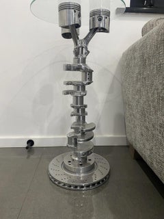 Sculptural V8 Engine Crankshaft Coffee Table in Polished Chrome with Glass Top