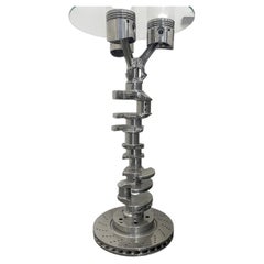 Sculptural V8 Engine Crankshaft Coffee Table in Polished Chrome with Glass Top