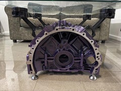 Sculptural V8 Jaguar Engine Block Coffee Table with Glass Top & Metallic Finish
