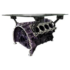 Sculptural V8 Jaguar Engine Block Coffee Table with Glass Top & Metallic Finish