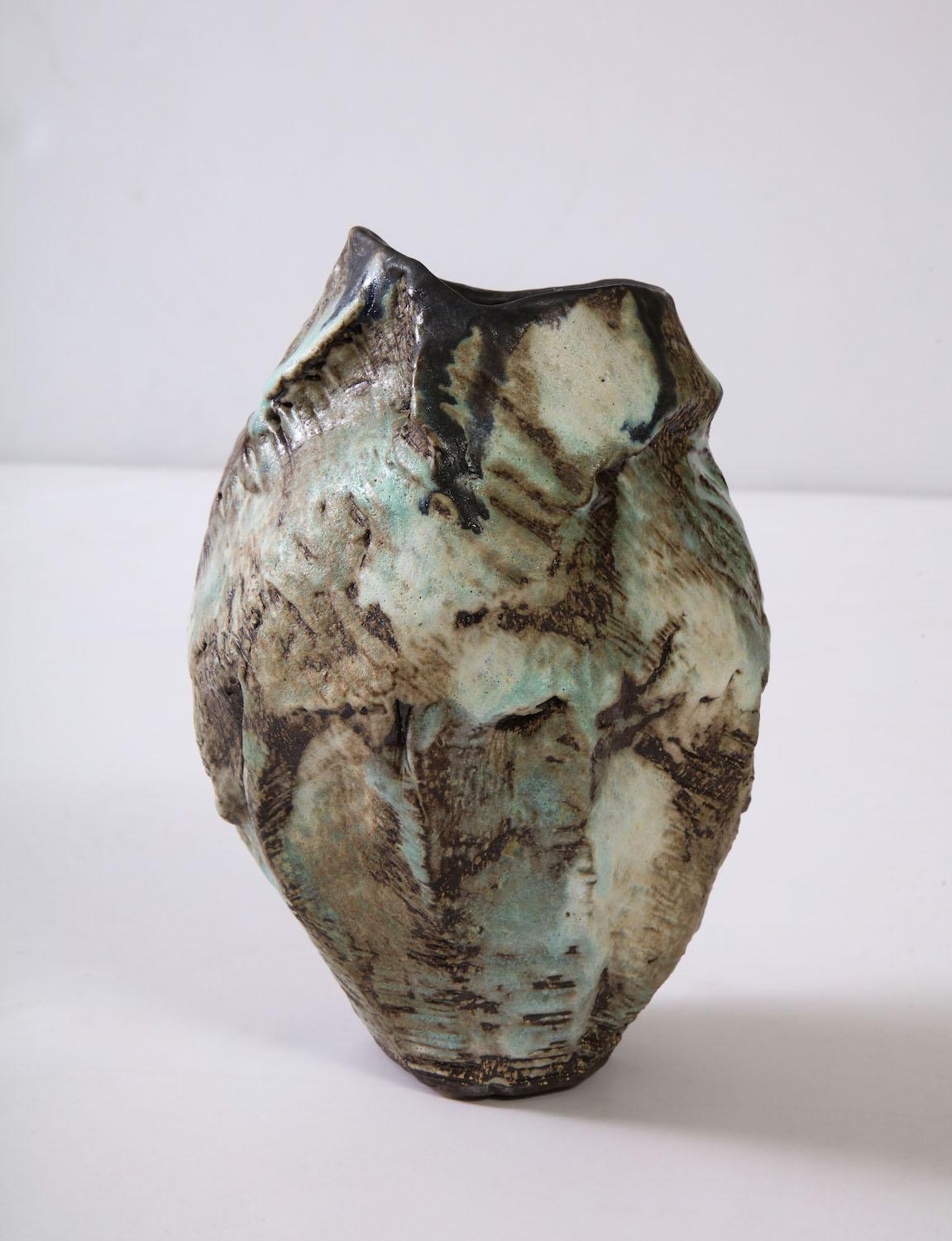Sculptural vase #6 by Dena Zemsky. Hand-built, glazed stoneware vase form. Signed and dated on underside.
       