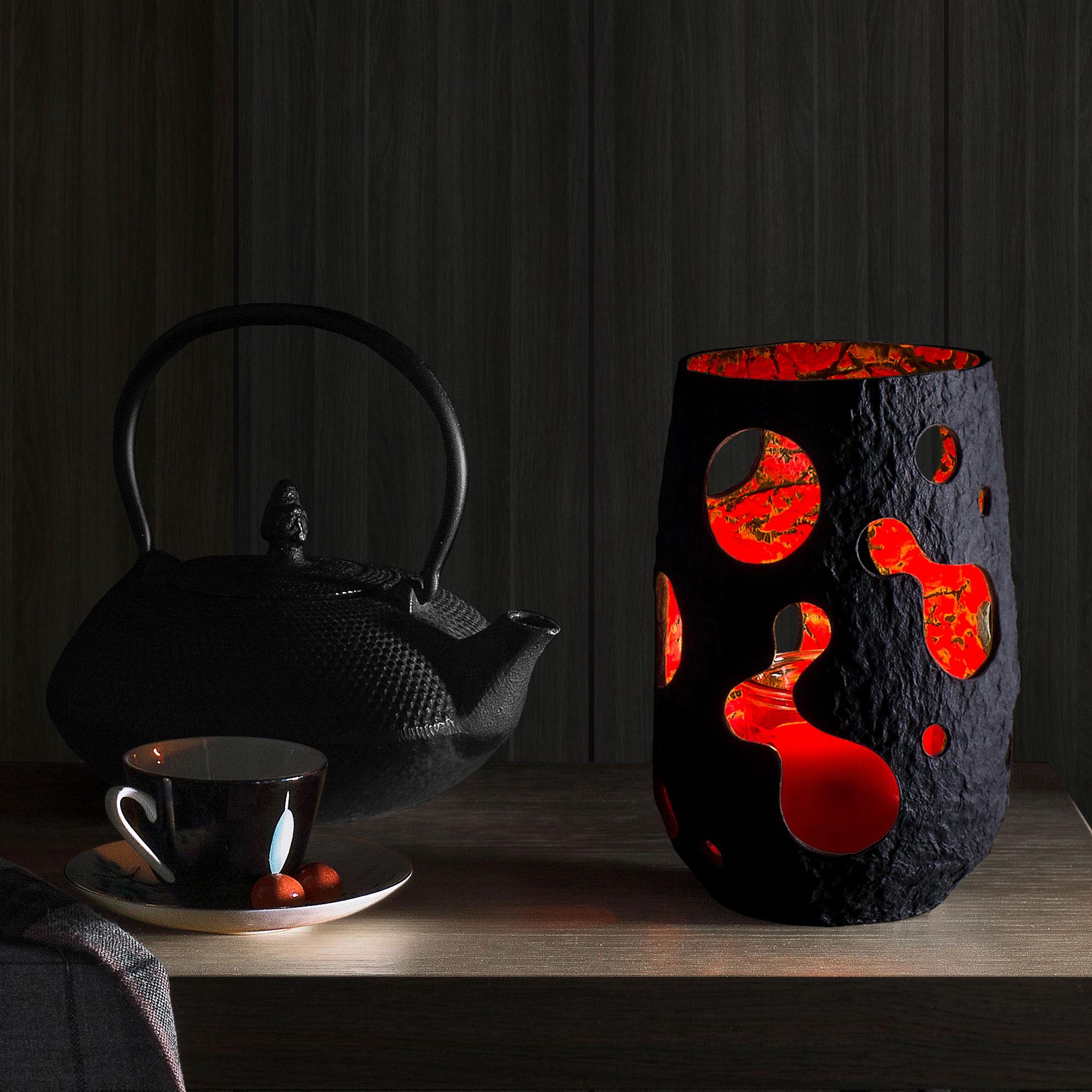 Modern Sculptural Vase Black, Candle Lantern, Restaurant Table Decor by Donatas For Sale