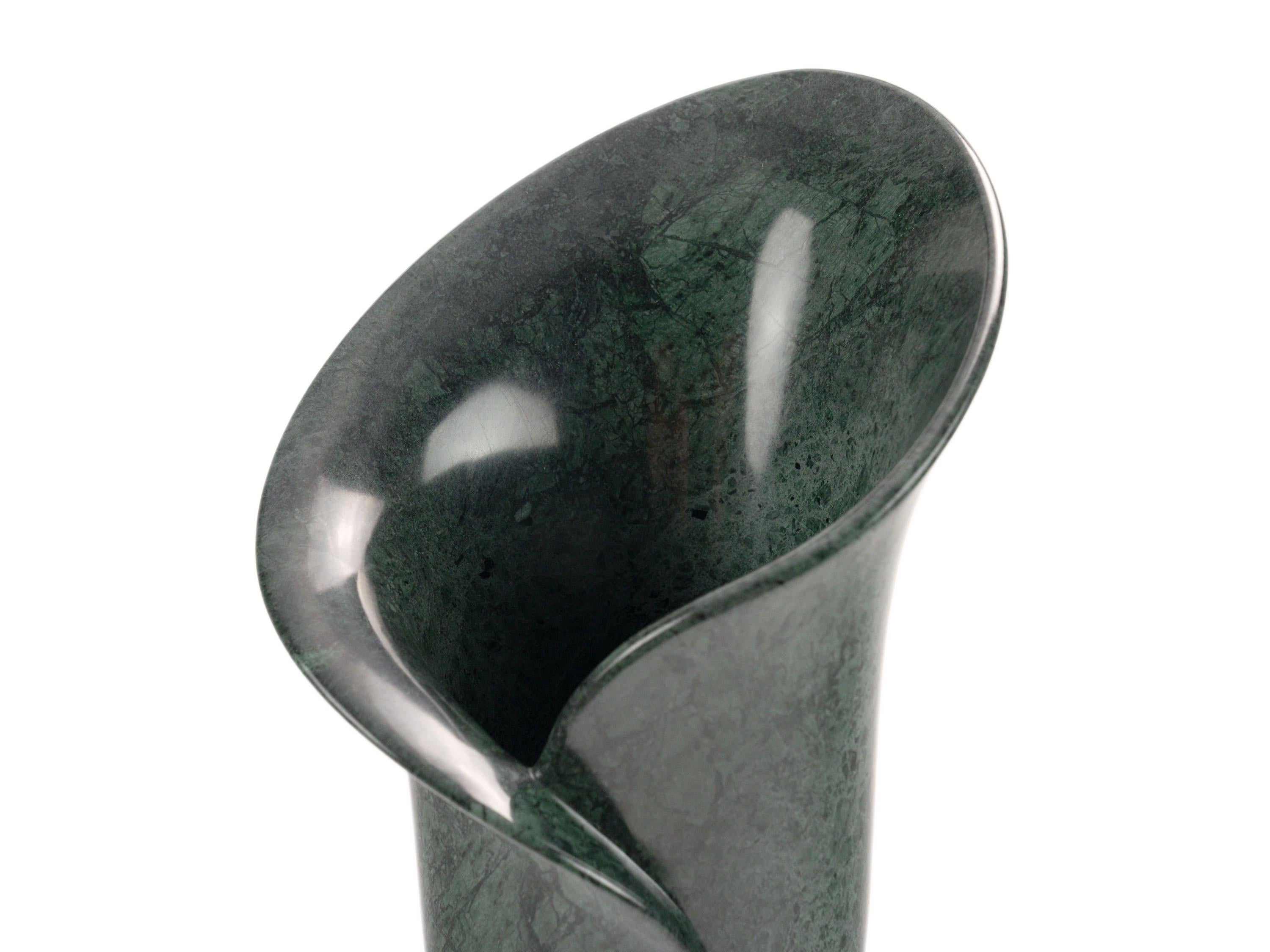 Contemporary Sculptural Vase Imperial green marble Hand-sculpted Organic Shape Flower, Italy For Sale