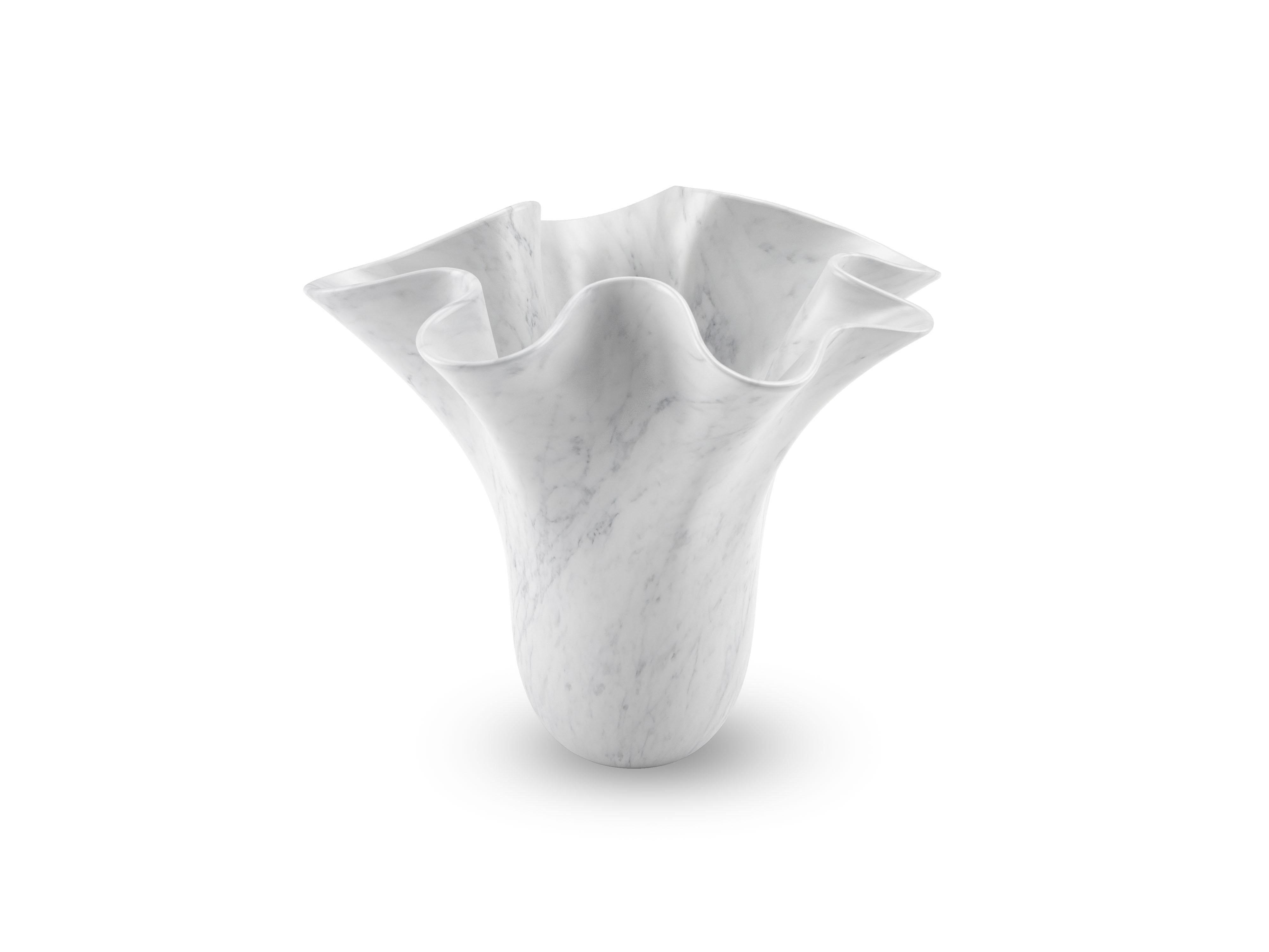 Sculptural vase carved by hand from a solid block of white Carrara marble, velvet finish. This vase reproduces, in a smaller version, the iconic sculptural vase PV05 designed by the Atelier Barberini & Gunnell, hand made in a limited edition for the