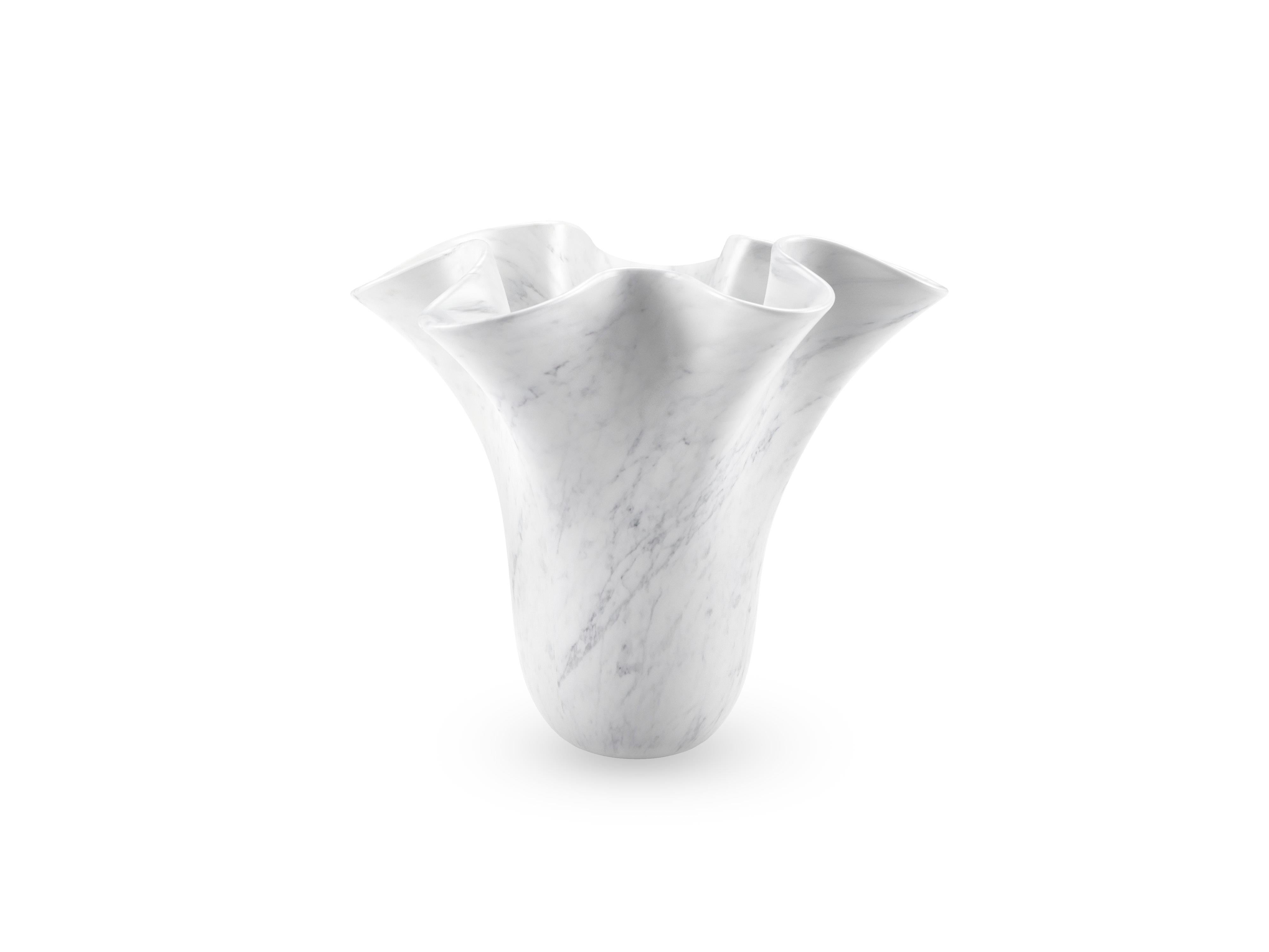 Modern Sculptural Vase White Carrara Marble, Flower Shape Vessel, Hand Curved Italy For Sale