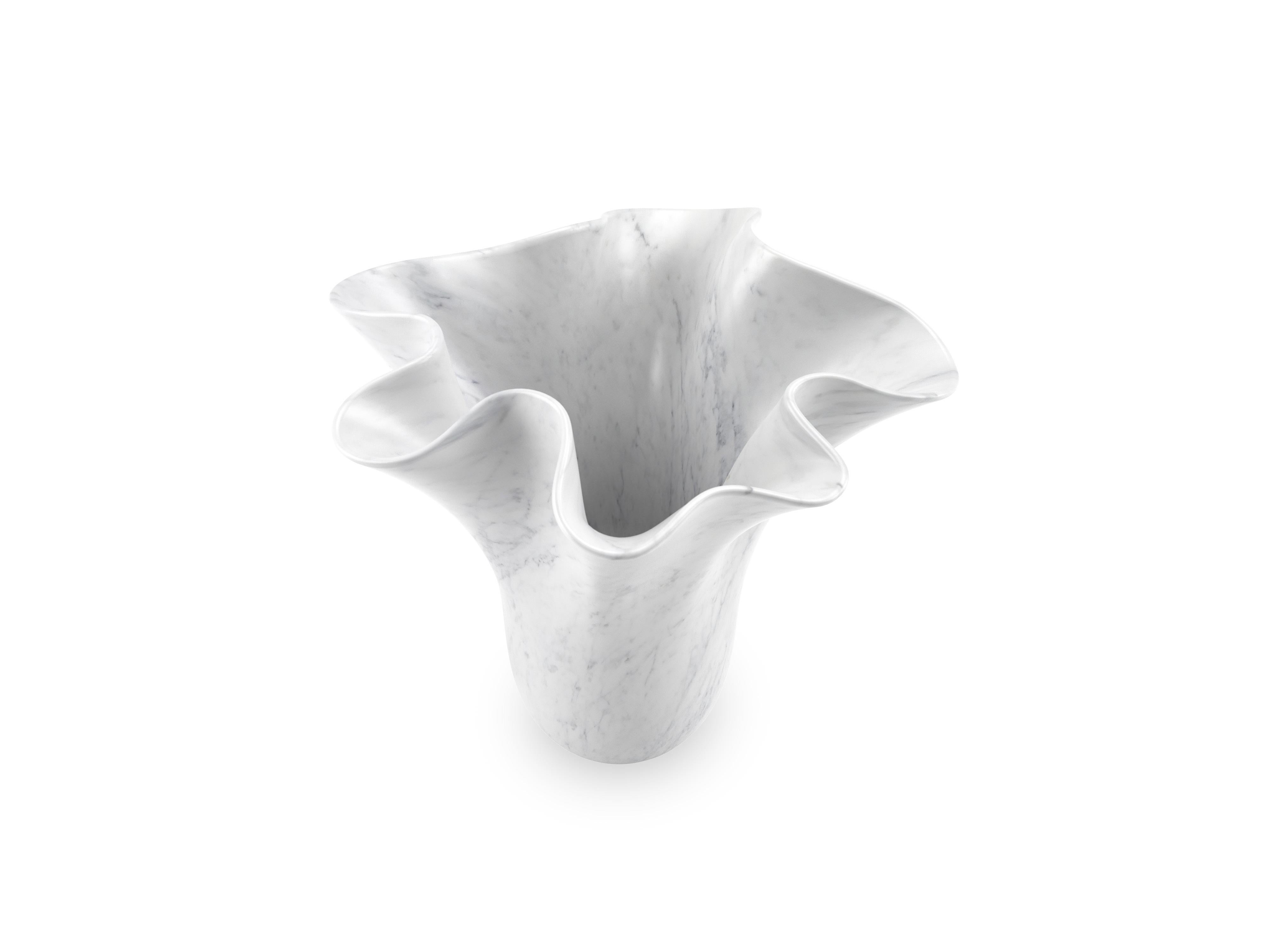 Italian Sculptural Vase White Carrara Marble, Flower Shape Vessel, Hand Curved Italy For Sale